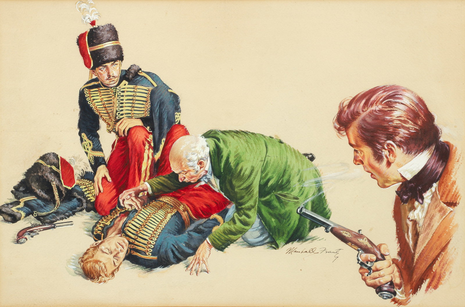 Samuel Marshall Frantz Original Illustration Art The Smoking Gun: Frantz, Samuel Marshall (Russian/American, 1890-1953), The Smoking Gun, c.1930s, gouache on paper, signed in ink lower right, sight is 12.75 x 19.25 inches, matted and in a wood frame 18 x 24 inches.