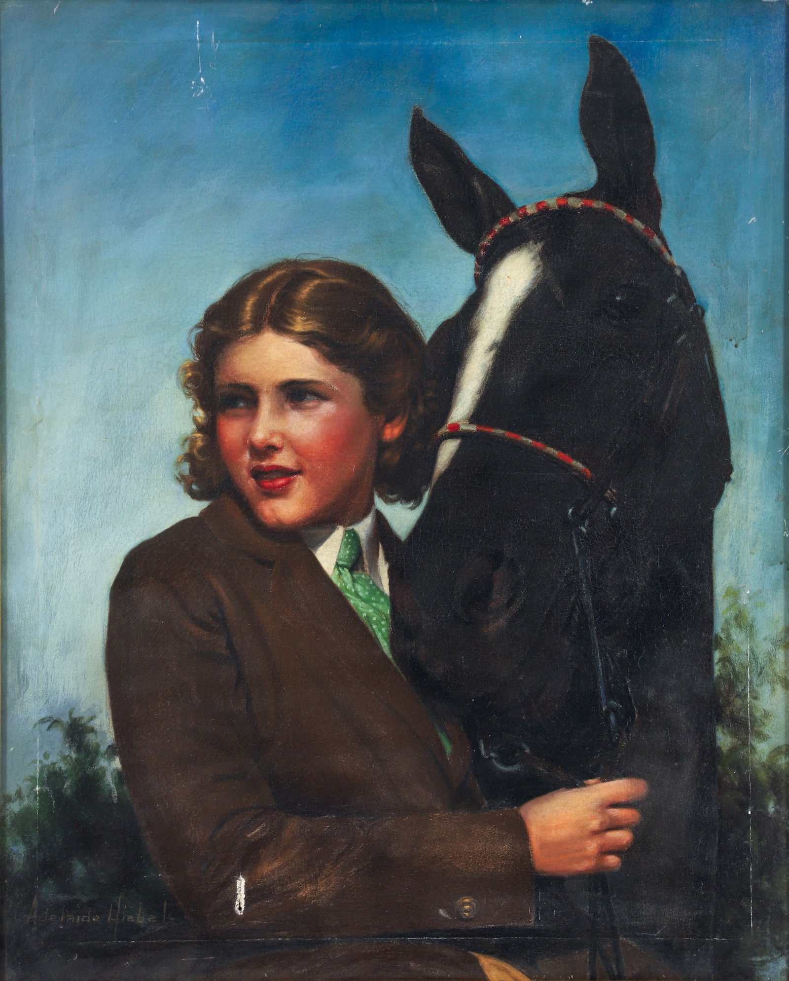 Adelaide Hiebel Girl with Horse Oil on Canvas Painting: Hiebel, Adelaide (American, 1885-1965), Young Girl with Her Horse, c.1930s, oil on canvas, signed lower left, 32 x 26 inches, framed 36 x 30 inches. Hiebel made illustration art primarily for art cale