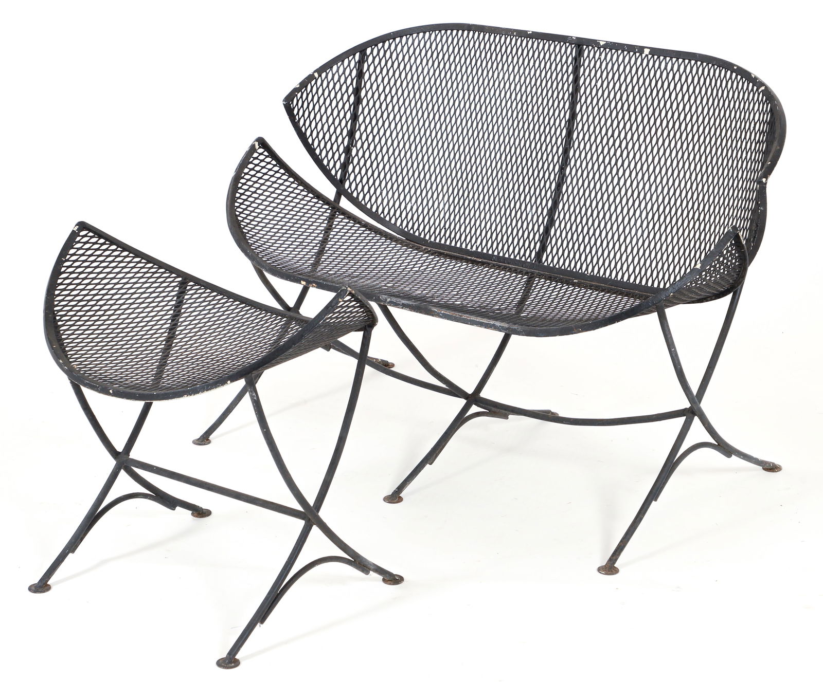 Maurizio Tempestini for Salterini Clam Settee and Ottoman: Maurizio Tempestini (Italian, 1908-1960) for John B. Salterini Company Clamshell or Orange Slice settee and ottoman, USA, 1950s. Black enameled wrought iron. Settee 29 x 41 x 23 inches, ottoman 21.5