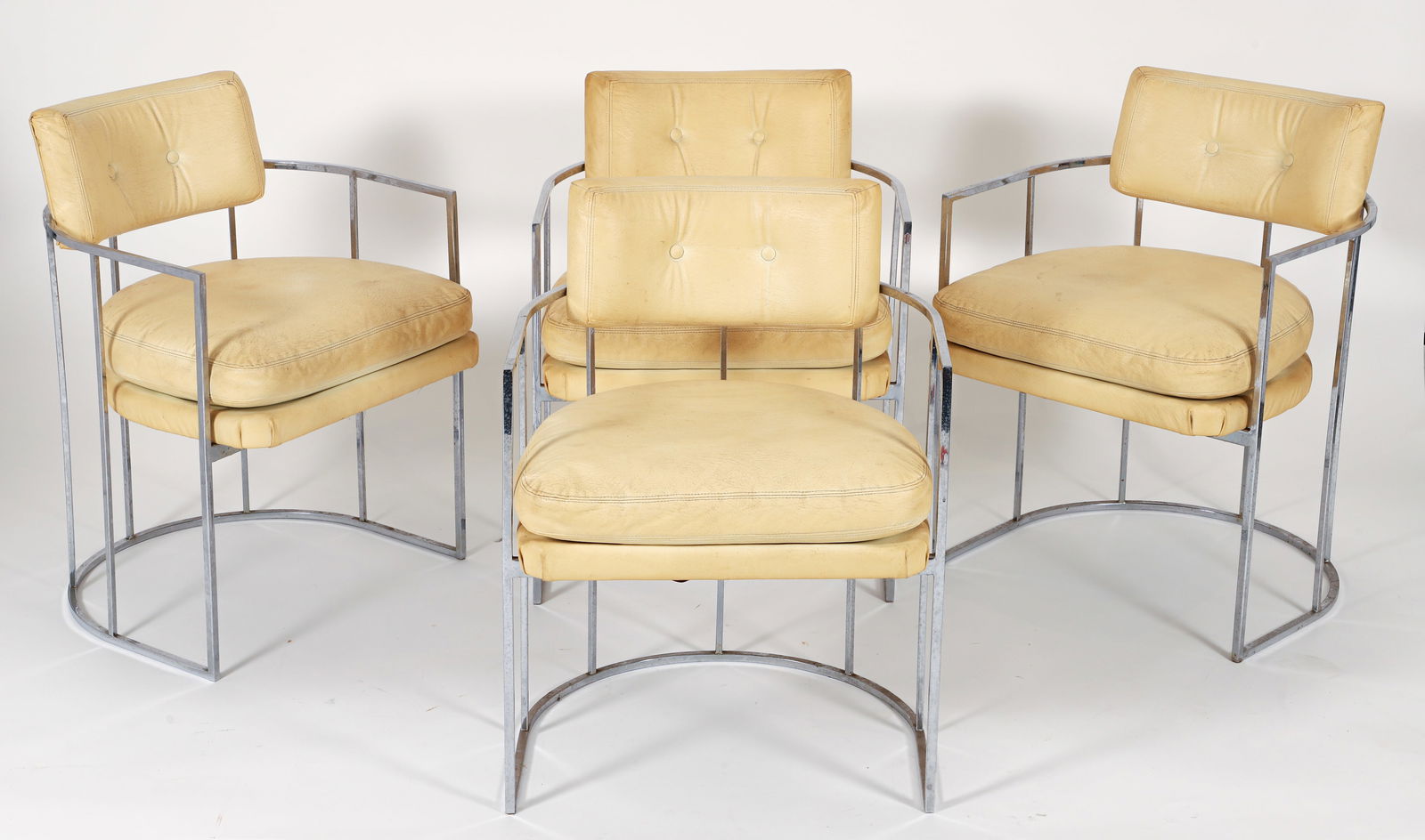 Set of 4 Milo Baughman for Thayer Coggin Barrel Chairs: Set of 4 Milo Baughman (American, 1923-2003) for Thayer Coggin model/style #1858 chairs, American, 1974. Squared chrome barrel-form frames. Cream leather upholstered seats and backs. Appropriate