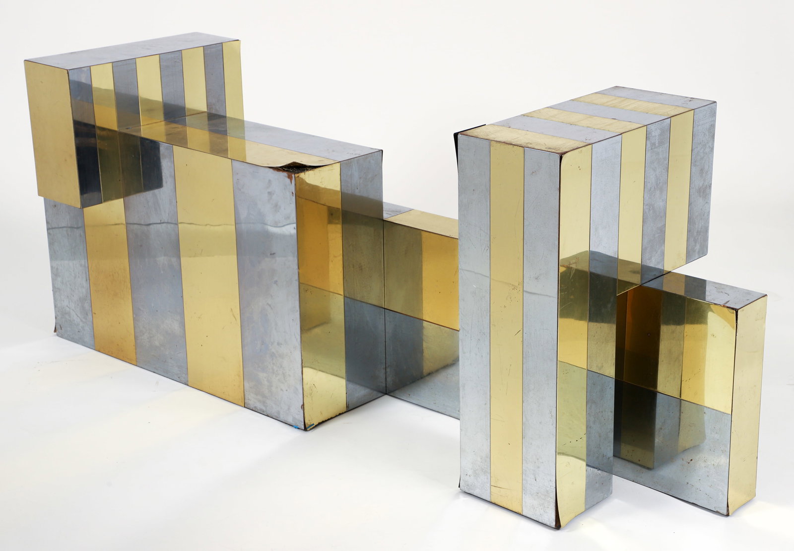 Style of Paul Evans Cityscape Dining Room Table Base: Style of Paul Evans Cityscape dining room table base, USA, 1970s. Brass and chrome plated steel tiles affixed to wood. Provenance: Personal collection of Edward J. Grzybowski, co-owner of Tri-State
