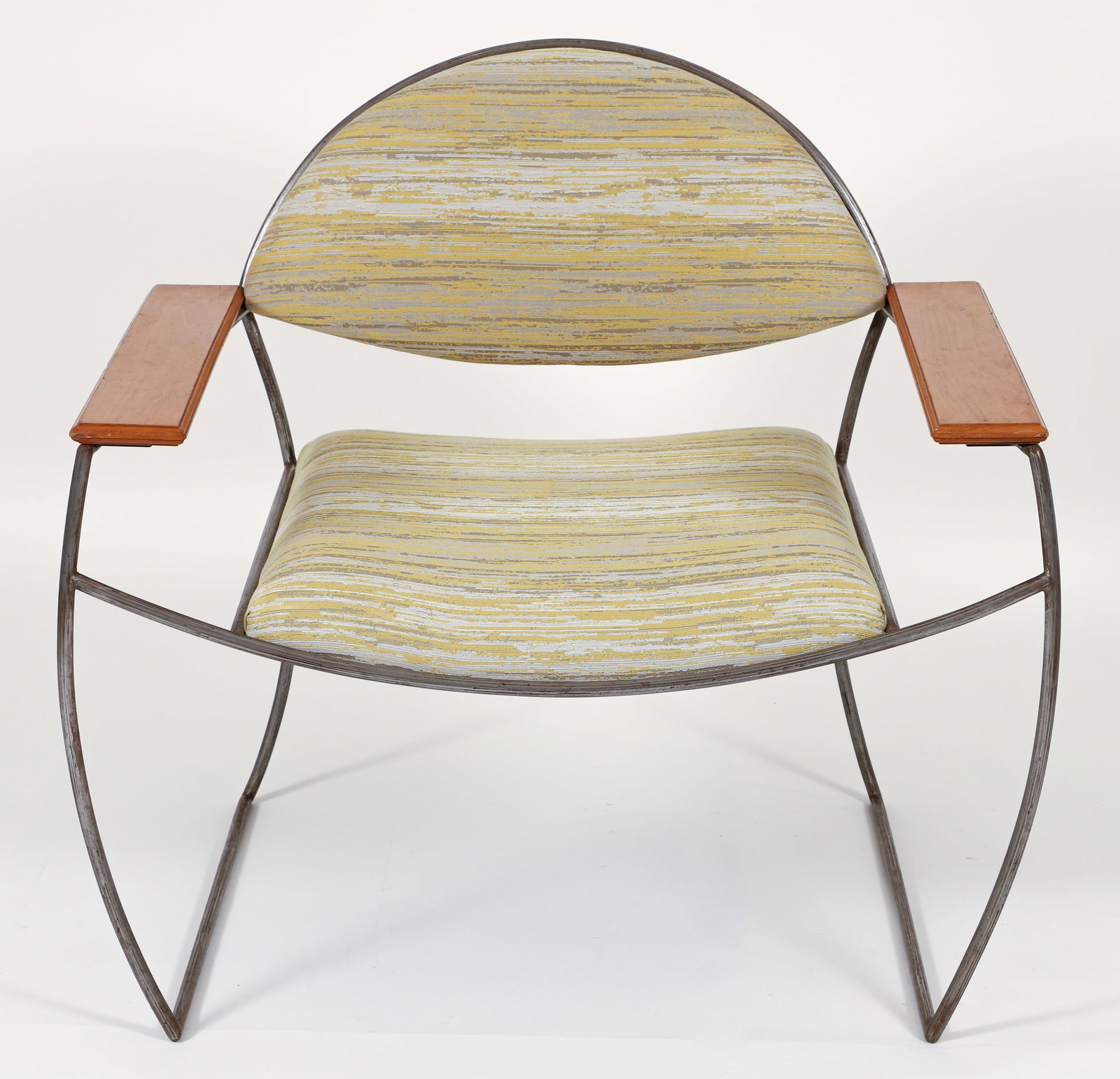 Paul Ludick 1991 Club Chair: Ludick, Paul (American, b.1957), Club Chair, 1991, cold rolled steel framed , solid birch arms, and replaced upholstery, 37 x 37.5 x 30 inches, fabricated for Furniture of the 20th Century, New York