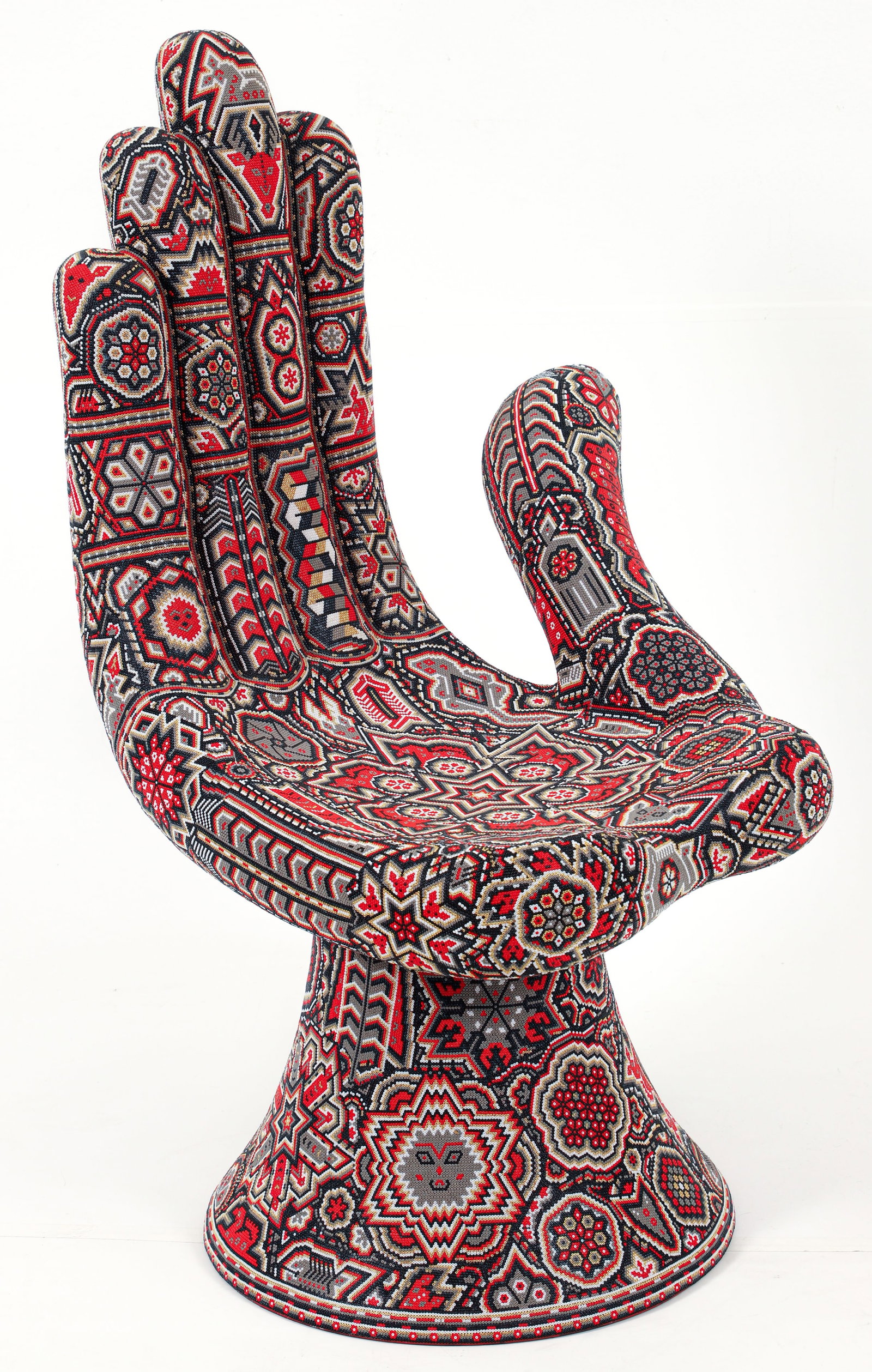 CHROMA Hot Seat Magic Hands Chair Huichol Beaded Sculpture: Chroma aka Rick Wolfryd (American/living in Mexico, b. 1953), Hot Seat: Magic Hands Series, Caught Red Handed, 2022, color beaded Huichol style 3D hand chair sculpture, signed, titled, dated and editi