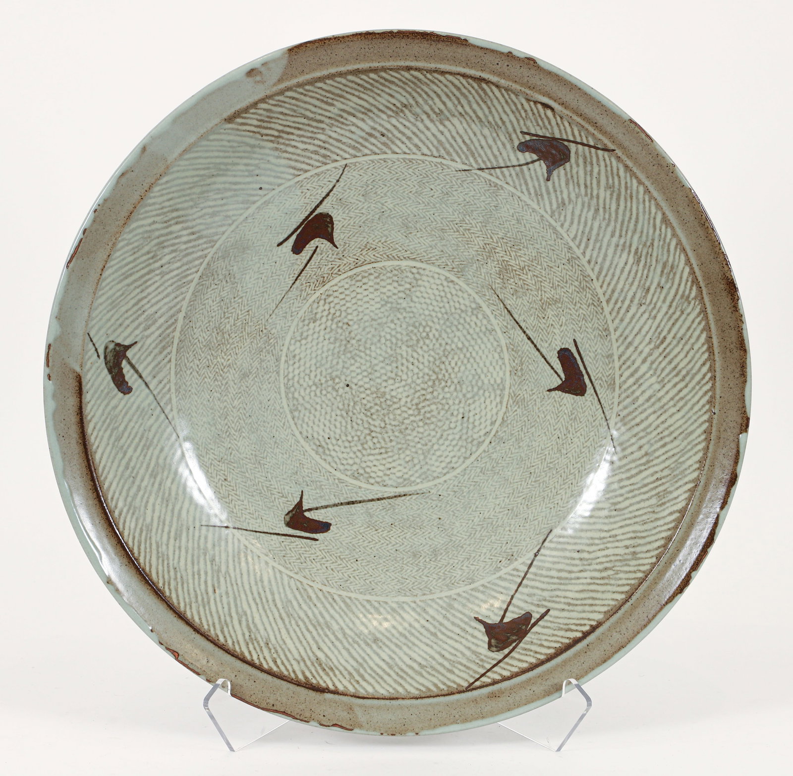 Tatsuzo Shimaoka Large Stoneware Platter: Shimaoka, Tatsuzo (Japanese, 1919-2007), Monumental Stoneware Platter. With three radiating rope impressed patterns, each in a different style, with decorative 'Plum Blossum' design in iron oxide repe