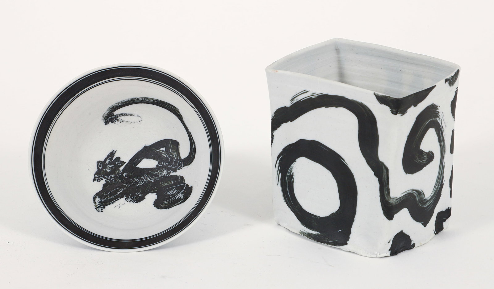 Pair of Ed Eberle Porcelain Vessels: Eberle, Edward (ed.) (American/Pittsburgh, 1944-2023), Pair of Vessels: Catching the Tail and Painted Box, both undated, porcelain and terra sigillata, signed and titled on underside. Bowl 2 inches ta