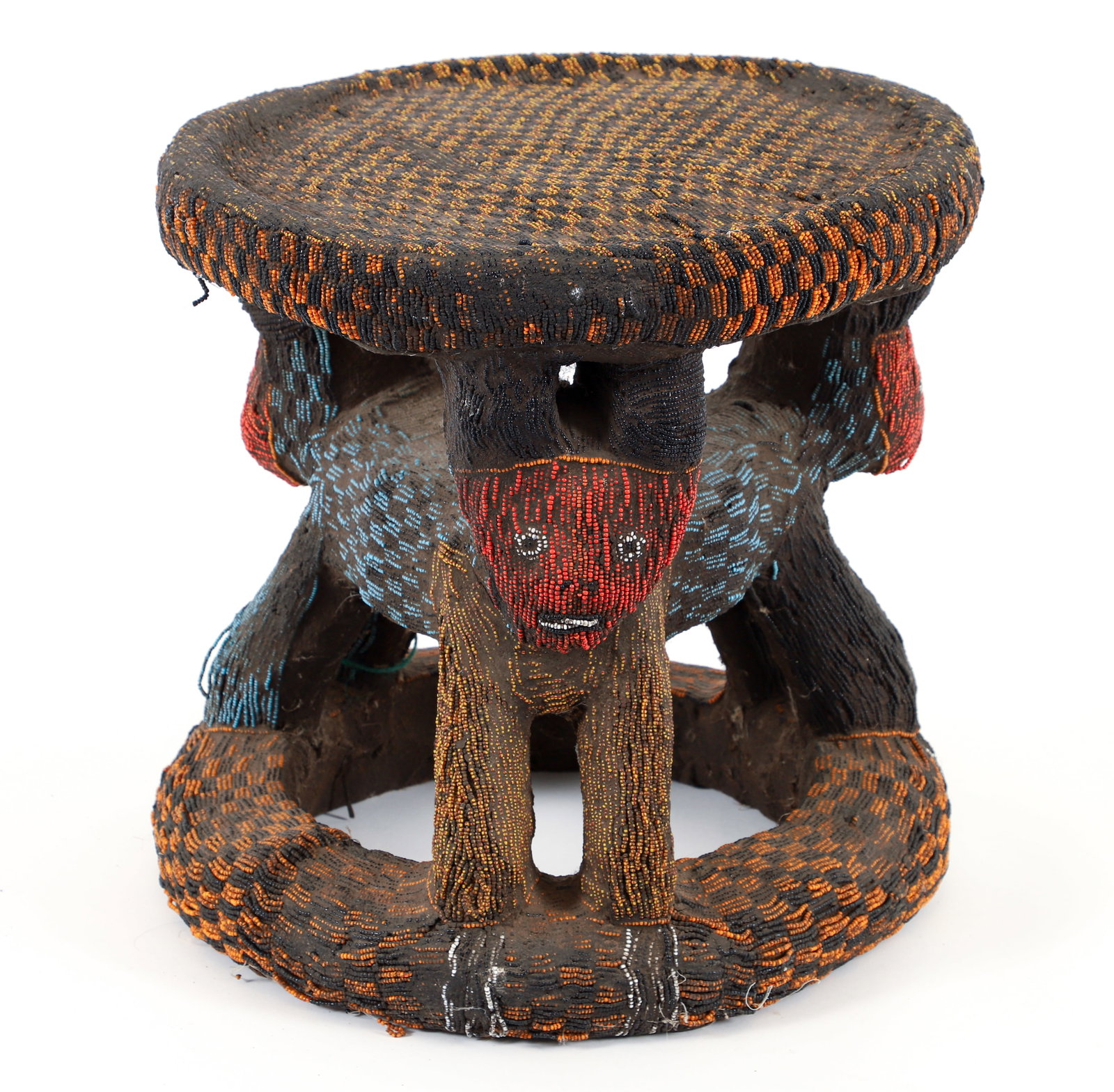 Bamum or Bamileke Cameroon Triple Leopard Stool: Triple leopard stool, Bamum or Bamileke peoples, Cameroon. Seed beads. 15 inches, 16 inch diameter.