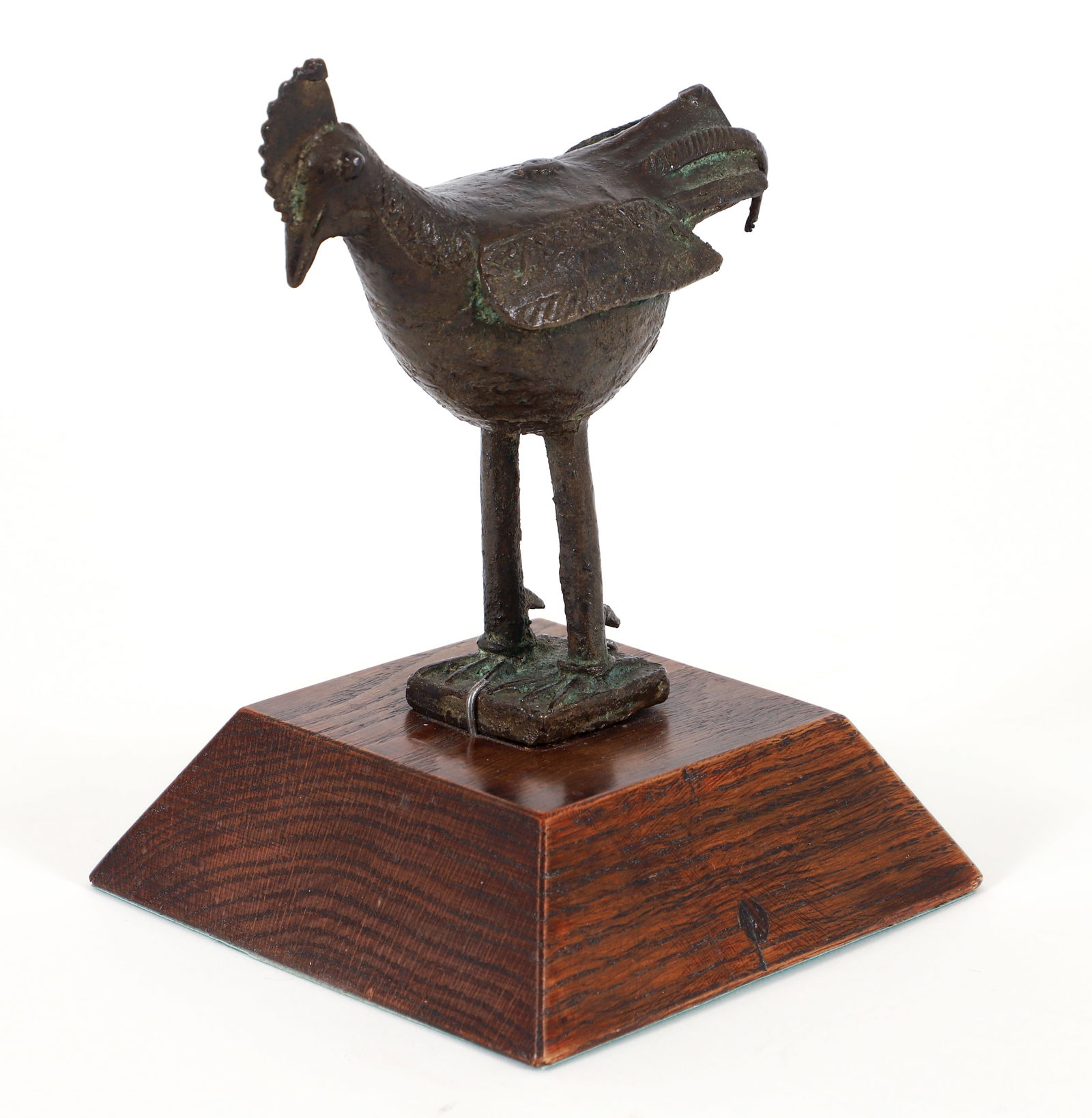 Benin Brass Rooster Sculpture, Exhibited at the Frick Museum: Nigerian, Edo Court of Benin, Rooster or Cockerel, cast brass or bronze, 6.3 inches tall. Provenance: A Sewickley Collection; Exhibited, Tribal Sculpture of Yoruba: African Art from Pittsburgh