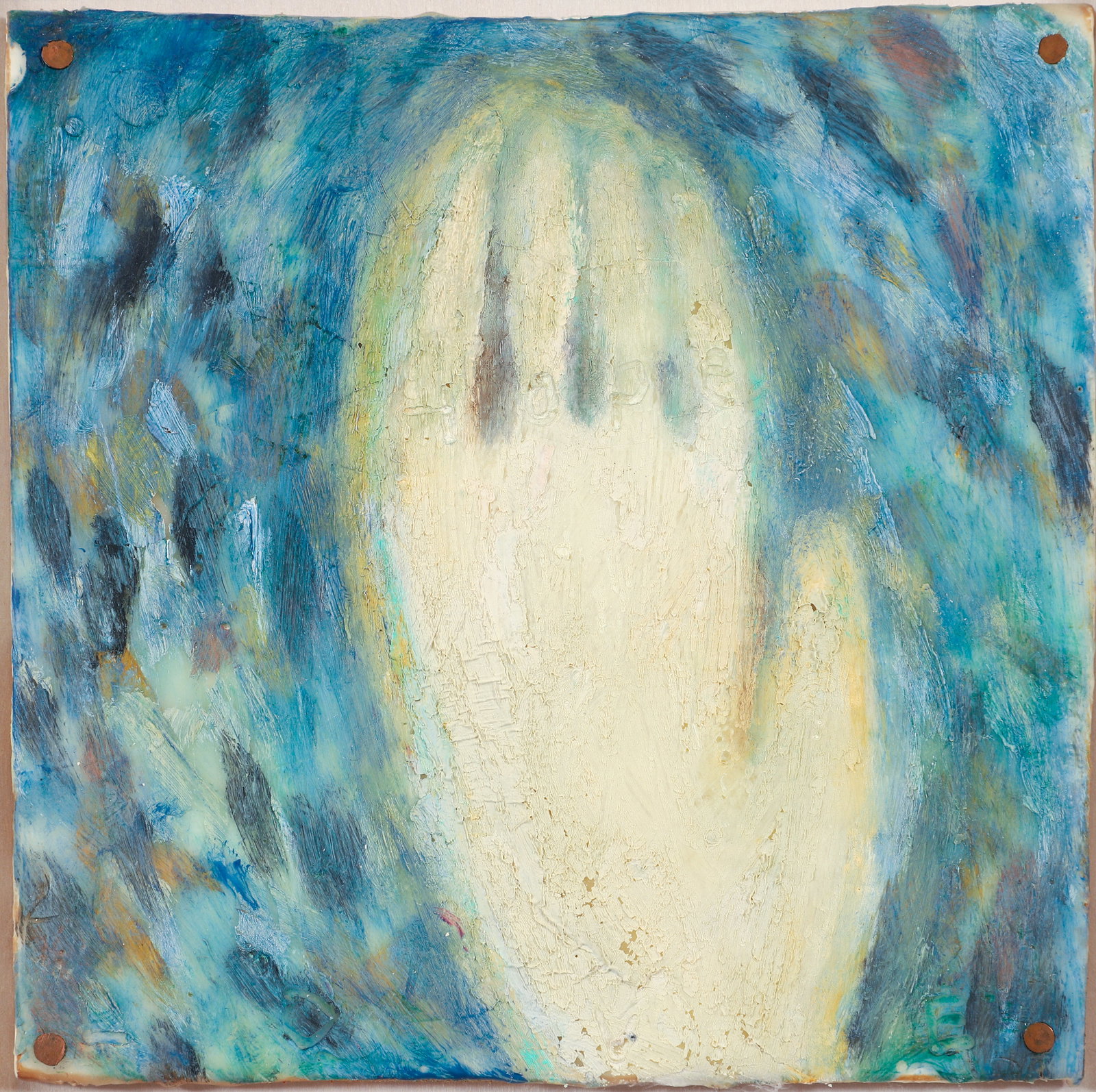 Squeak Carnwath Hands and Dots 1988 Oil on Panel: Carnwath, Squeak (American, contemporary), Hands and Dots, 1988, oil and wax on wood panel, signed and titled on the verso, 7 x 7 inches, in a painted wood frame 9.5 x 9.5 inches. Provenance: Goldeen