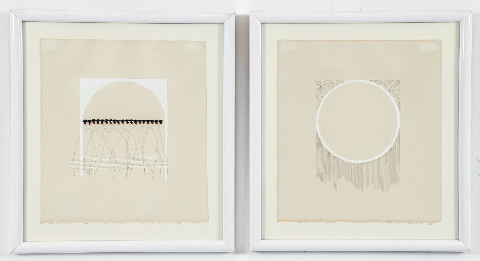 Pat Lasch Pair of Mixed Media Works from Veil Series: Lasch, Pat (American, contemporary), Pair of Untitled Veils, c.1980s, mixed media with gouache and wire on paper, sheet sizes 11 x 9.75 inches, uniformly framed in white 14.5 x 13.5 inches. Her work