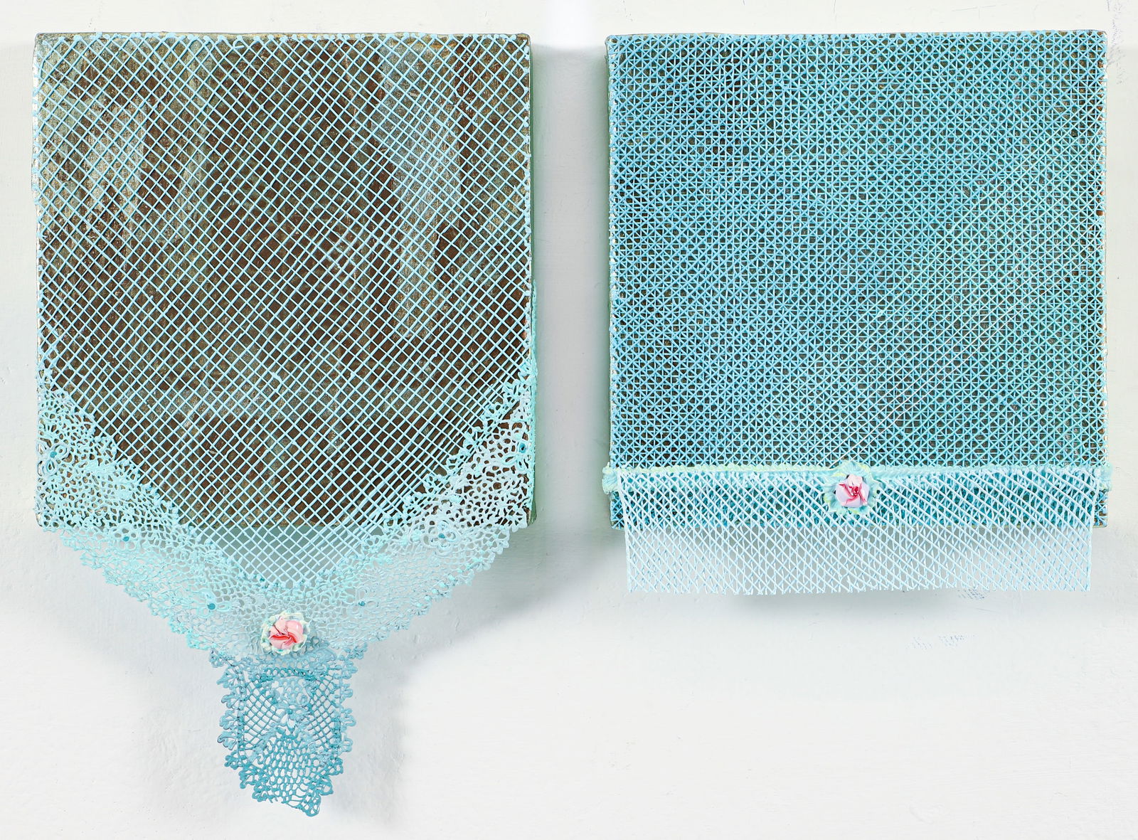 Pat Lasch Pair of Veiled Constructions 2012: Lasch, Pat (American, contemporary), Pair of Veiled Constructions, 2012, mixed media on board, 9 x 8 x 1.5 inches, one signed and dated on the verso. Her work is in the permanent collections of the