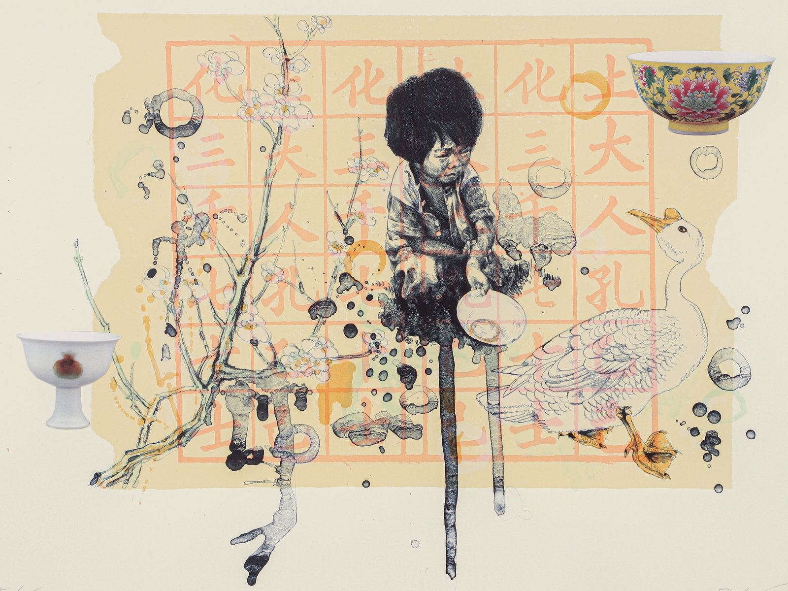 Hung Liu Girl With Bowl Lithograph and Collage 2000 Signed: Liu, Hung (Chinese/American, 1948-2011), Girl With Bowl-from the Children at Work series, 2000, lithograph with collage, signed, dated and numbered 5/25 in pencil to the lower edge, 17.5 x 24.5 inches