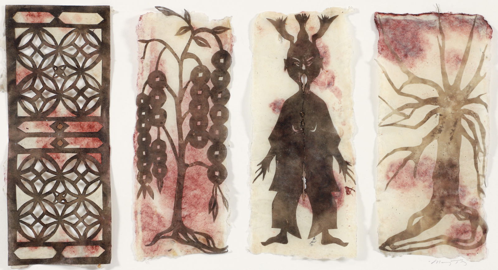 Mary Ting Works on Paper from Shaanbei Diary Installation 1999: Ting, Mary (Chinese-American, contemporary), 4 Works on Paper: Notes from the Shaanbei Diary Installation, 1999, mixed media with cut paper, soot and wax, signed in pencil on the mount lower right,