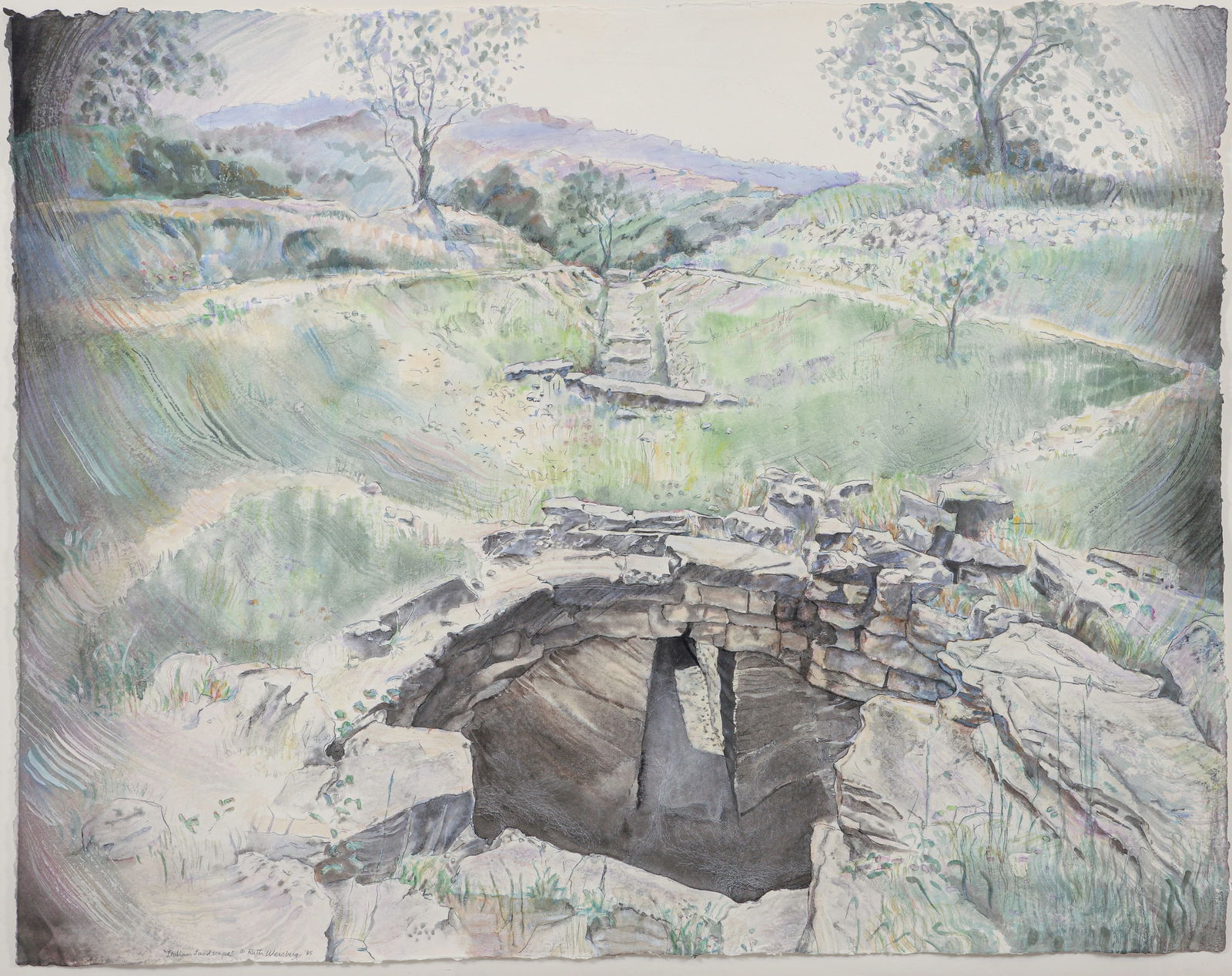 Ruth Weisberg 1985 Work on Paper Italian Landscape: Weisberg, Ruth (American, contemporary), Italian Landscape, 1985, mixed media with watercolor on paper, signed, titled and dated lower left, sheet size 34 x 43.5 inches, floated in a wood frame 38 x