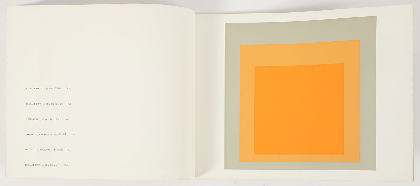 Josef Albers 6 Homage to the Square Screenprints in 1970 Catalog: Albers, Josef, 6 prints from Homage to the Square, 1970, screenprints on paper, bound-in to the Sidney Janis Gallery exhibition catalog for the show Paintings by Josef Albers. The prints are 7.25 x