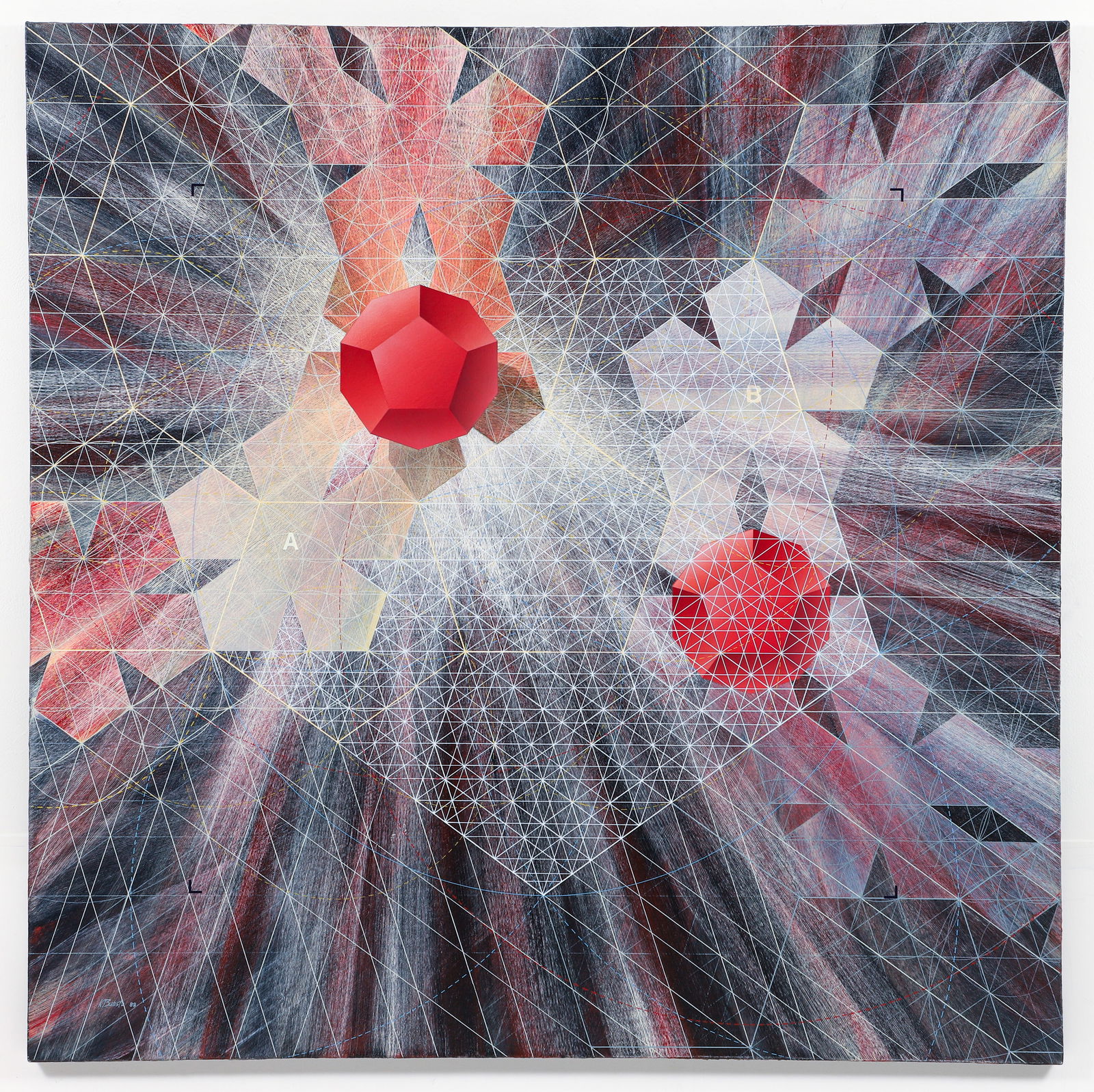 Ken Batista Acrylic on Canvas Best Laid Plans II 1988: Batista, Ken (American/Pittsburgh, contemporary), Best Laid Plans II, 1988, acrylic on canvas, signed and dated lower left, and again on the stretcher bar, 60 inches square, stretched but unframed. Ba