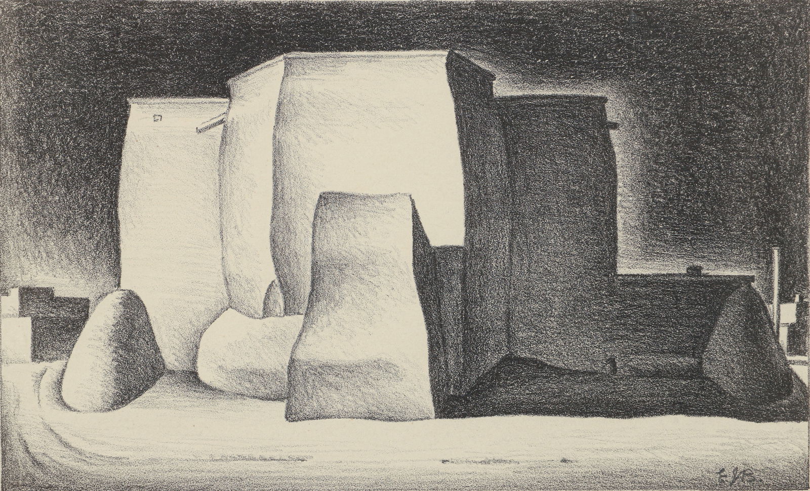 Emil Bisttram Ranchos de Taos Church 1934 Signed Lithograph: Bisttram, Emil (Romanian/American/New Mexico, 1895-1976), Ranchos de Taos [Saint Francis Church], 1934, lithograph on cream paper, initialed and signed in pencil lower right, additionally inscribed in