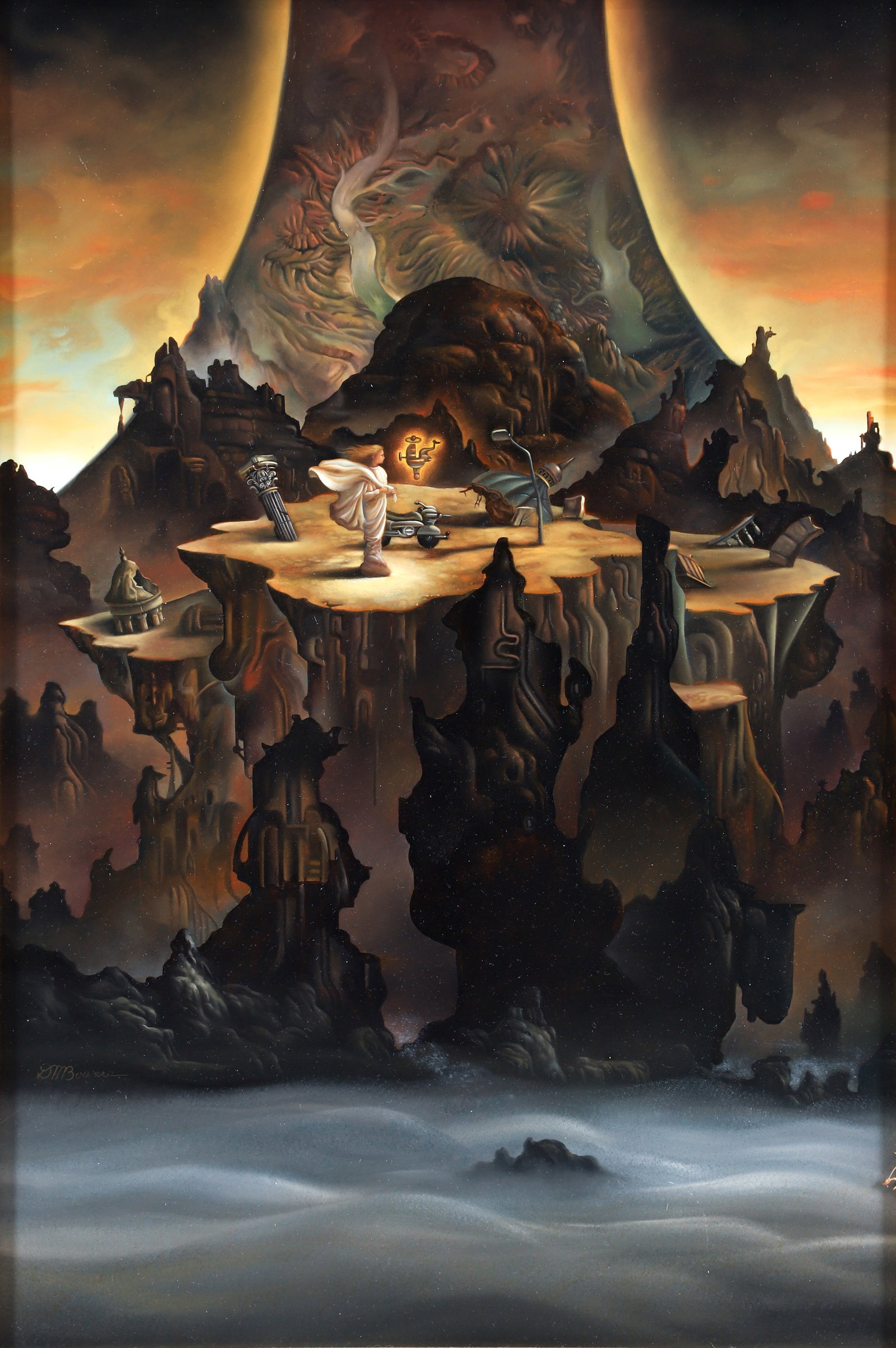 David M. Bowers Oil on Masonite Cliffside Fantasy: Bowers, David M. (American/Western PA, b. 1956), Cliffside Fantasy, 2003, oil on masonite. Includes the original sketch/study for the piece, graphite on paper, signed at lower right. Board 19 x 12 inc