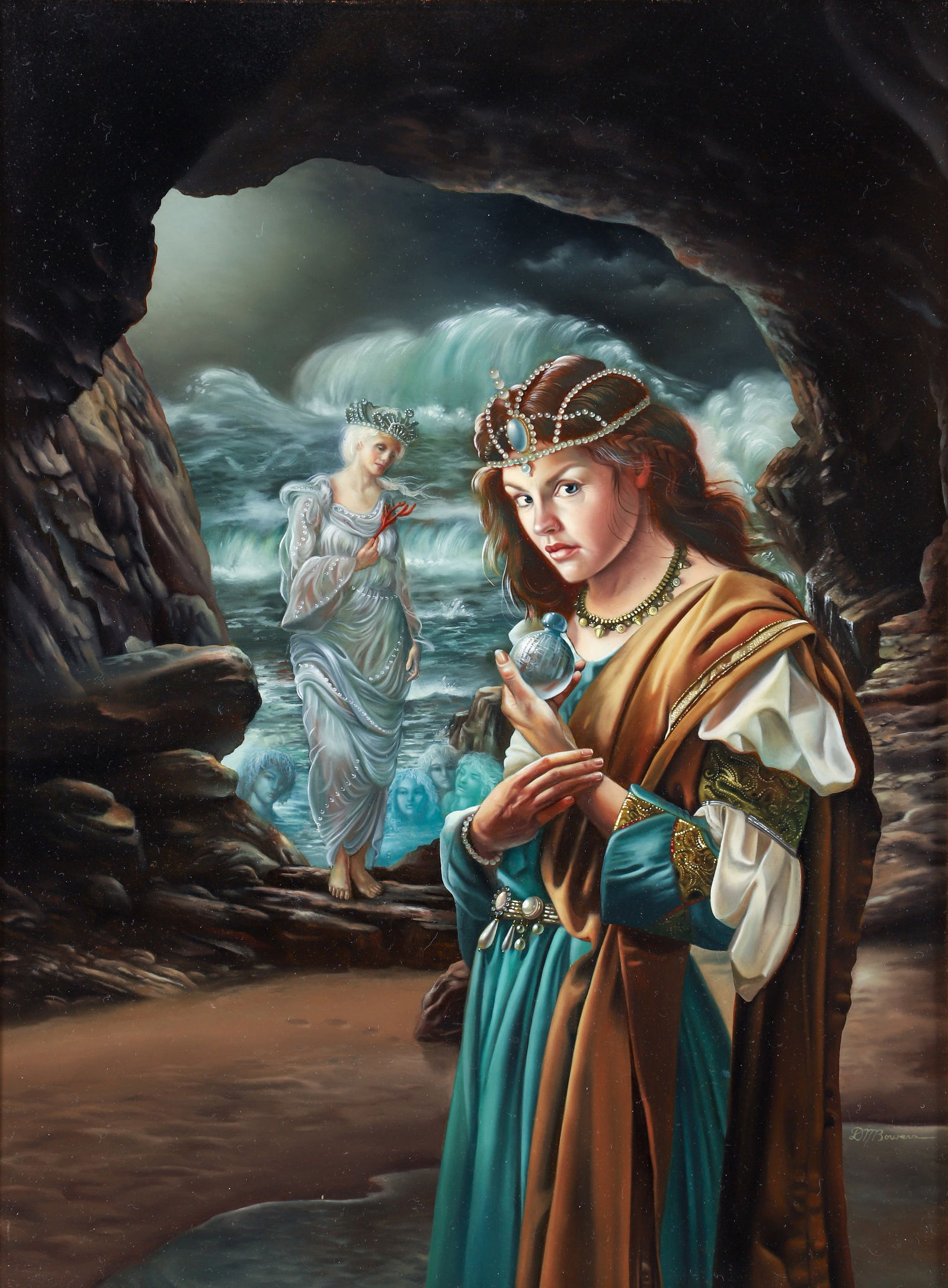 David M. Bowers Oil on Masonite Isolde at the Sea 2003: Bowers, David M. (American/Western PA, b. 1956), Isolde at the Sea, 2003, oil on masonite. Includes the original sketch/study for the piece, graphite on paper, signed at lower right. Board 16 x 12 inc