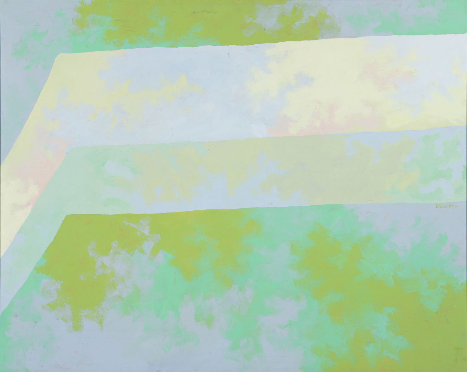 David Dirrane Bowes Acrylic on Canvas Blue and Green Abstract: Bowes, David Dirrane (American, b. 1957), Blue and Green Abstract, late 1970s/early 1980s, acrylic on stretched canvas, signed near the lower right center. Canvas 48 x 60 inches, in a 48.25 x 60.25 in