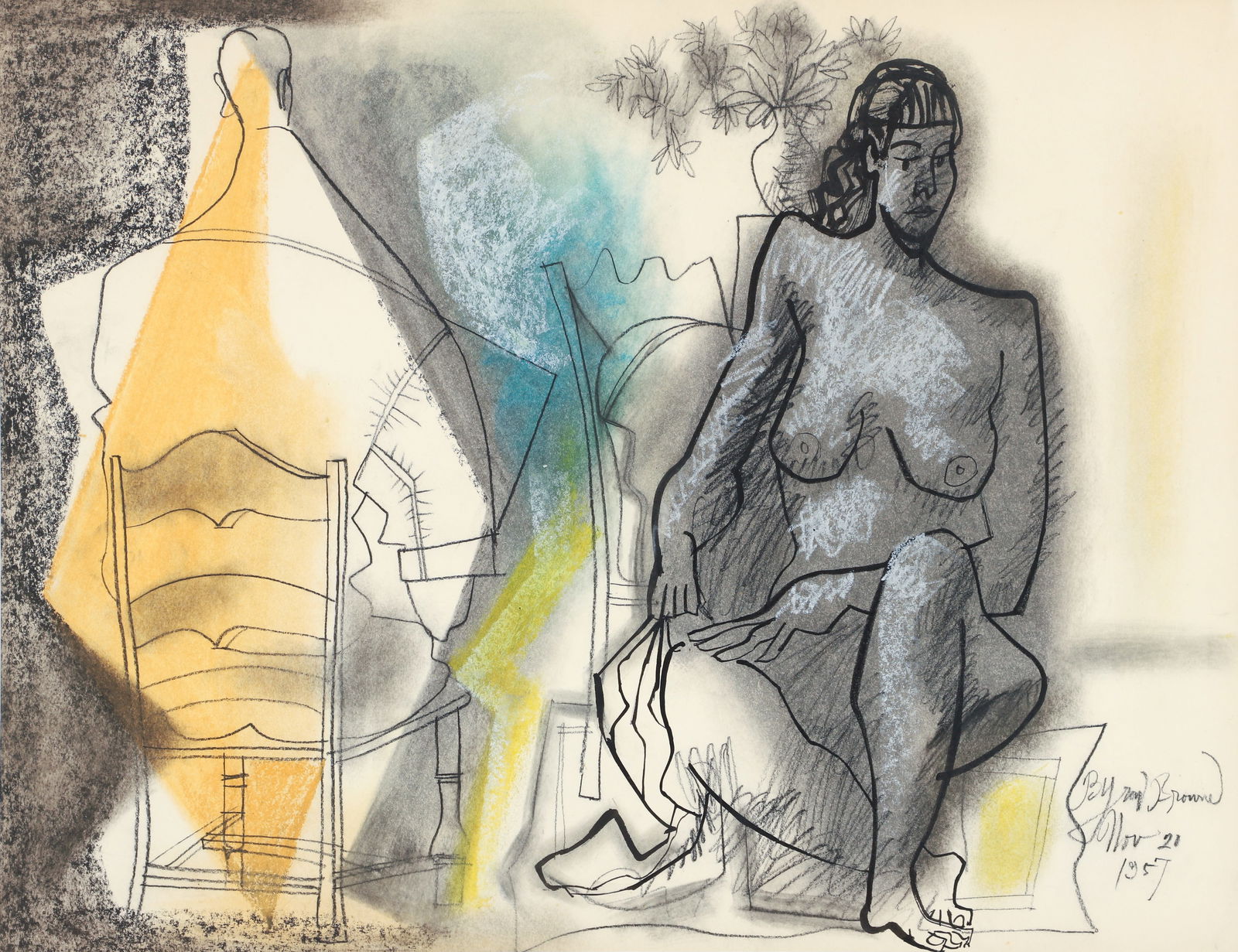 Byron Browne 1957 Work on Paper Artist and Model: Browne, Byron (American, 1907-1961), Artist and Nude Model in the Studio (Sketching), 1957, mixed media with charcoal and pastel on paper, signed and dated lower right, 20 x 25.5 inches, matted and fr
