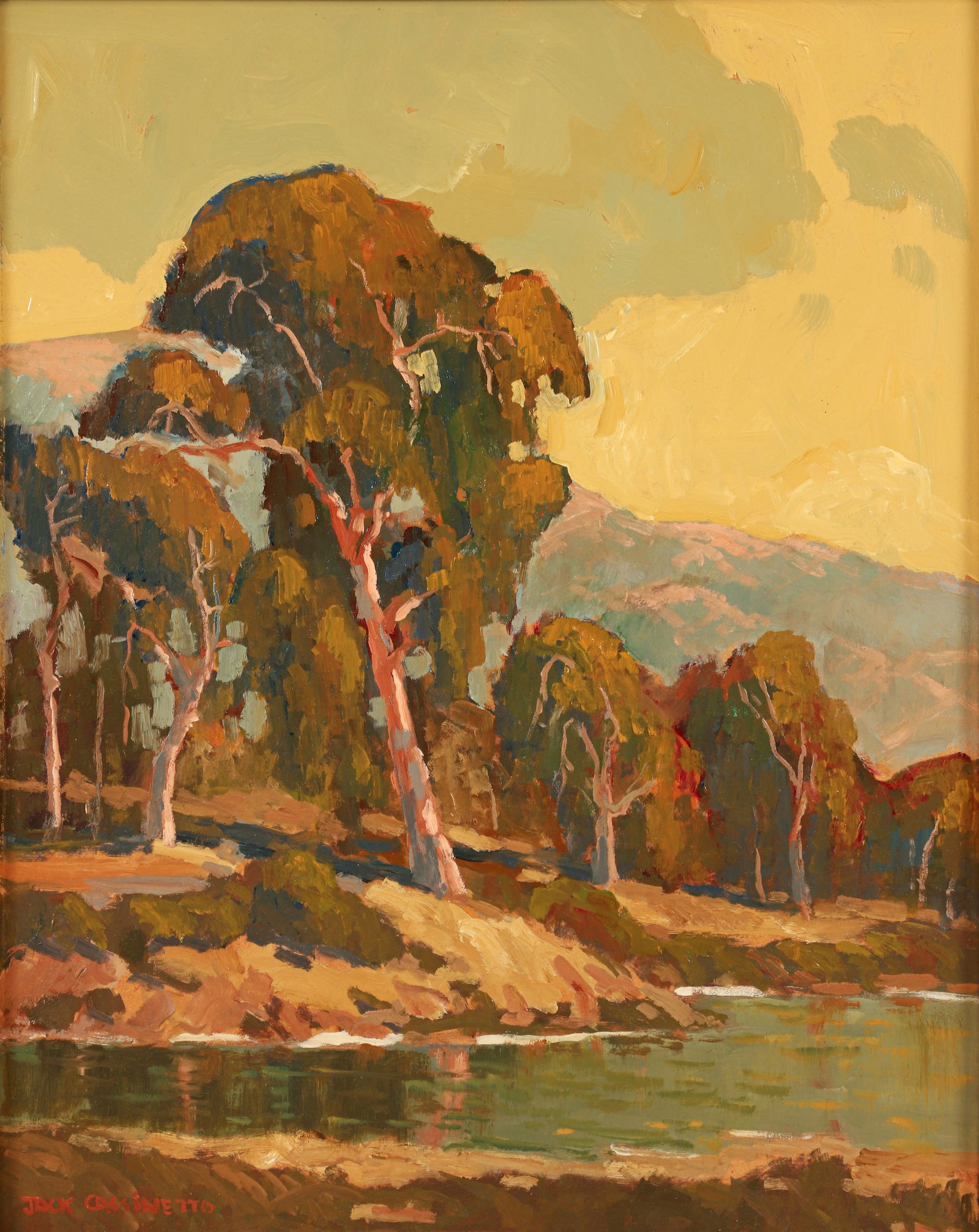 Jack Cassinetto Along The Napa River 2002 oil painting: Cassinetto, Jack (American, 1944-2018), Along the Napa River, California, 2002, oil on board, signed lower left, additionally signed, titled and dated on the verso, 20 x 16 inches, in a gold painted w