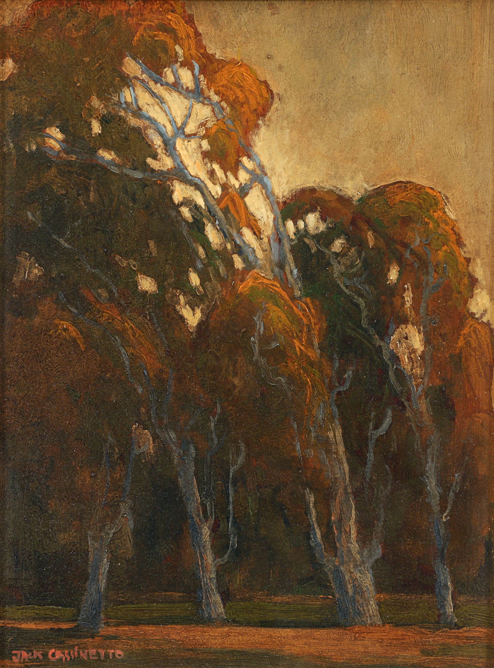 Jack Cassinetto Eucalyptus San Rafael 2002 oil painting: Cassinetto, Jack (American, 1944-2018), Eucalyptus Trees, San Rafael, California, 2002, oil on board, signed lower left, additionally signed, titled and dated on the verso, 16 x 12 inches, in a gold p