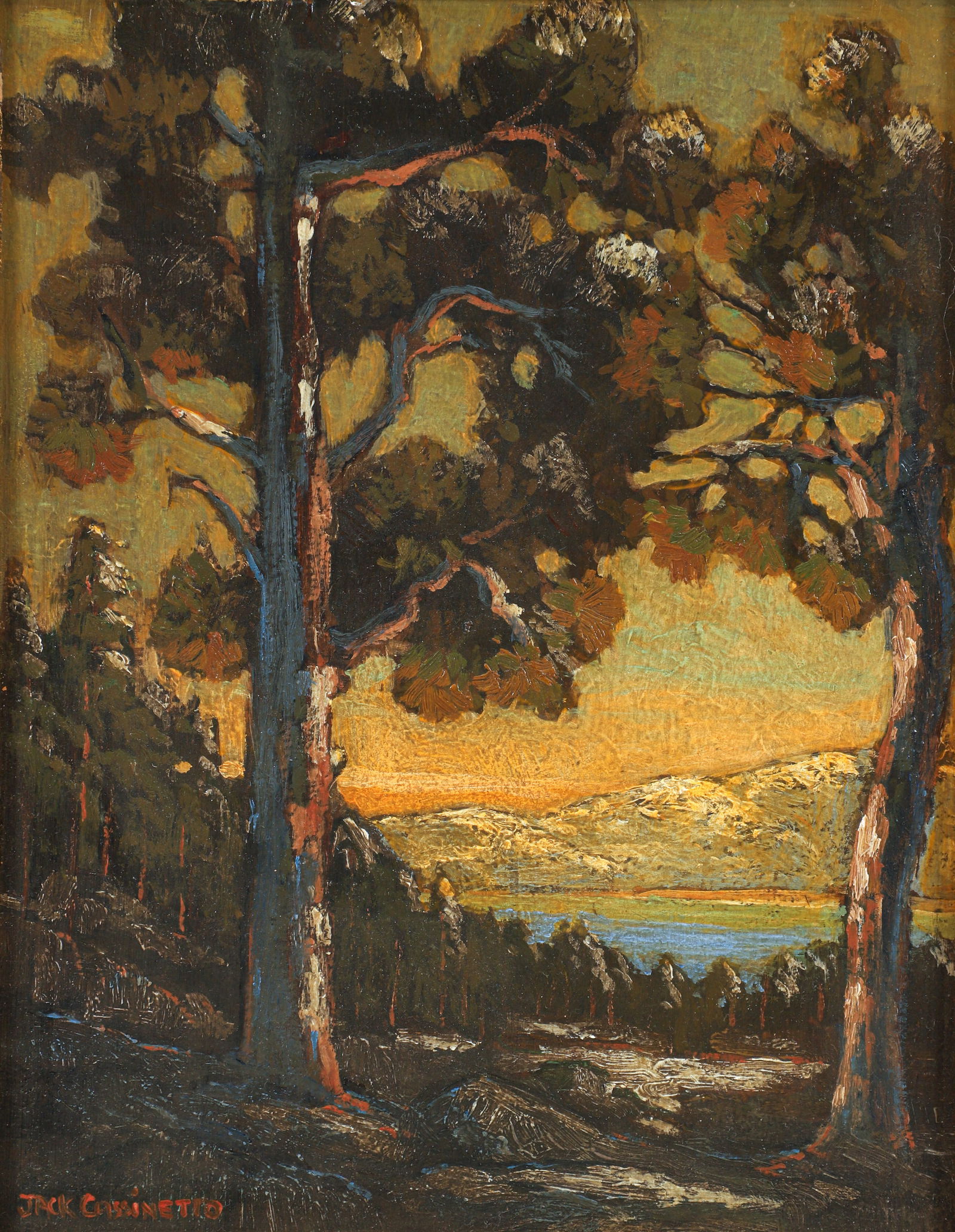 Jack Cassinetto Lake Tahoe First Snow 2003 oil painting: Cassinetto, Jack (American, 1944-2018), Lake Tahoe, First Snow, 2003, oil on board, signed lower left, additionally signed, titled and dated on the verso, 14 x 11 inches, in a gold painted wood frame