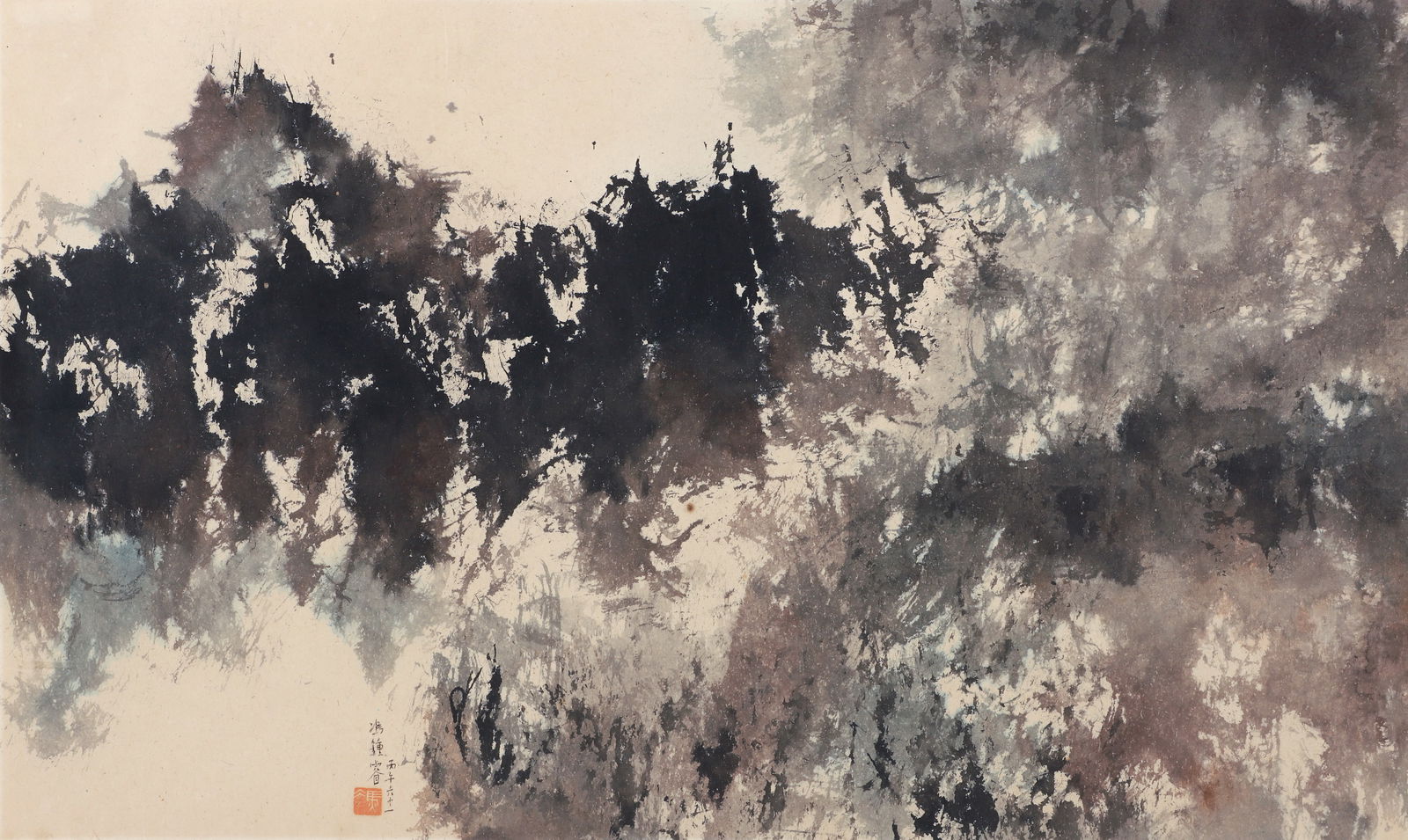 Fong Chung-Ray watercolor and wash Untitled Abstraction: Fong Chung-Ray (Chinese, b. 1934), Untitled Beige and Black Abstraction, watercolor and wash drawing, 21.5 x 35.5 inches, signed and stamped lower left, framed measuring 29 x 43 inches, Fong Chung-Ray