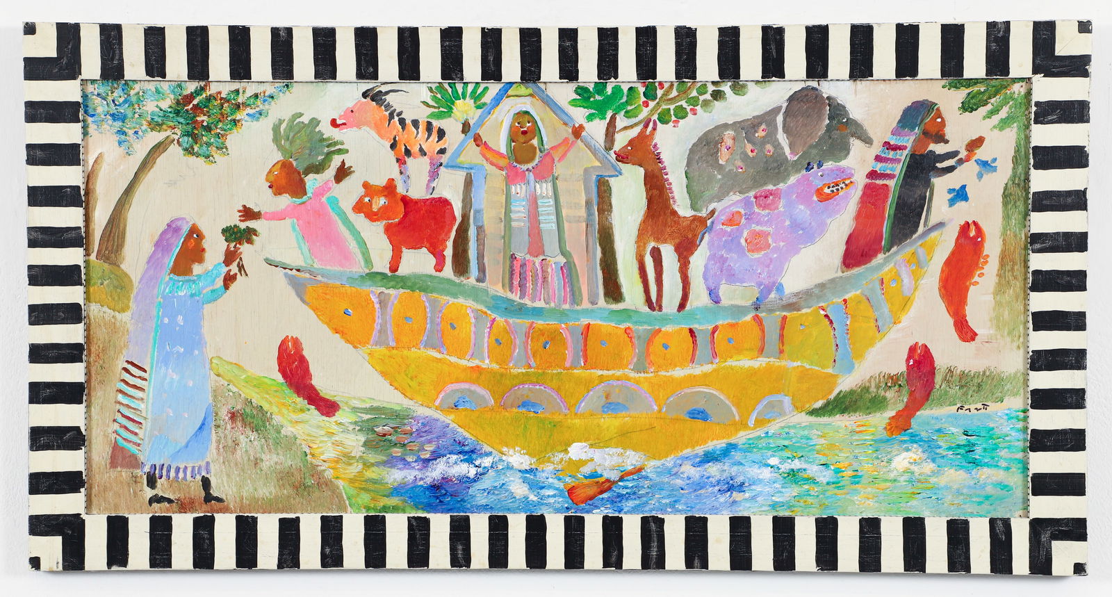 Ann Frantic Acrylic on Panel Noah's Ark: Frantic, Ann Roberts Morley (American/Florida, 1936-2009) Noah's Ark, acrylic on panel, 1980s-2000s, signed at lower right. Image 15.75 x 33.5 inches, in a hand painted striped and dotted 19.5 x37.75