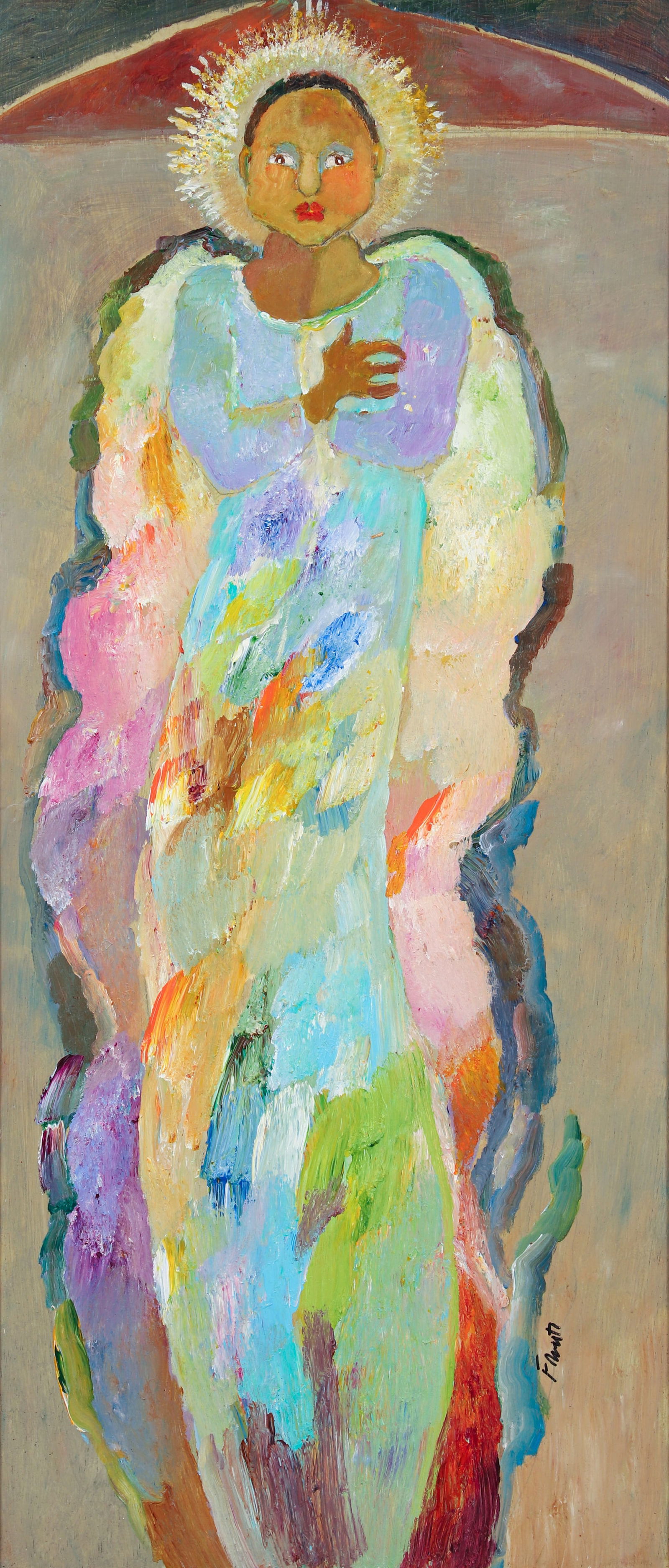 Ann Frantic Acrylic on Panel Portrait of a Woman: Frantic, Ann Roberts Morley (American/Florida, 1936-2009) Portrait of a Woman, possibly the Blessed Virgin Mary, acrylic on panel, 1980s-2000s, signed at lower right. Board 34 x 16 inches, in a 37 x 1