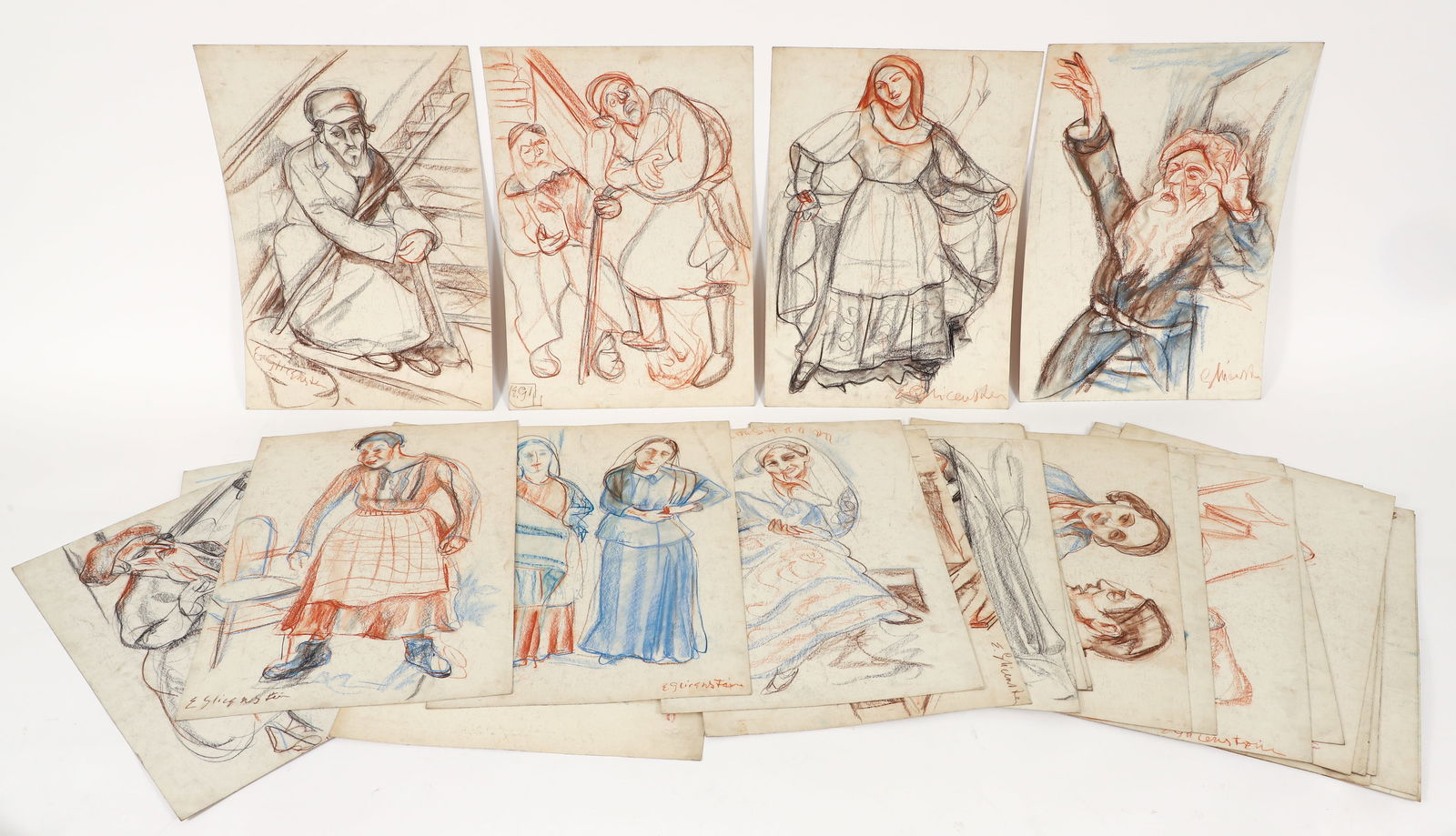 Enrico Glicenstein 27 Drawings Actors Yiddish Theatre 1932 Yoshe Kalb: Glicenstein, Enrico (Henryk) (Polish/Jewish/American, 1870-1942), Group of 29 Drawings of Actors from the performance of Yoshe Kalb by Maurice Schwartz's Yiddish Art Theatre, 1932, pastel and charcoal
