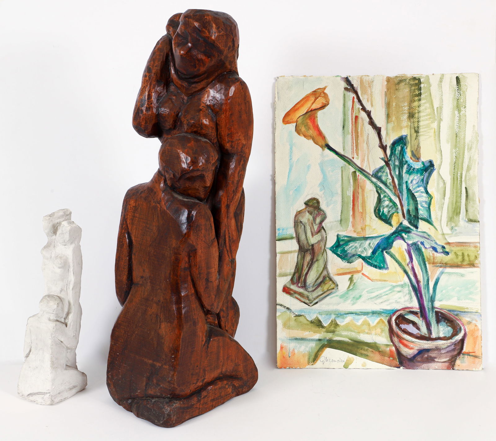 Enrico Glicenstein Lovers Wood Sculpture 1938 with Study and Watercolor: Glicenstein, Enrico (Henryk) (Polish/Jewish/American, 1870-1942), Lovers, 1938-1940, wood sculpture, unsigned, 27.5 x 9 x 7 inches. Catalogue Raisonne number 203. Literature: Cassou, 1948; Cassou, 195