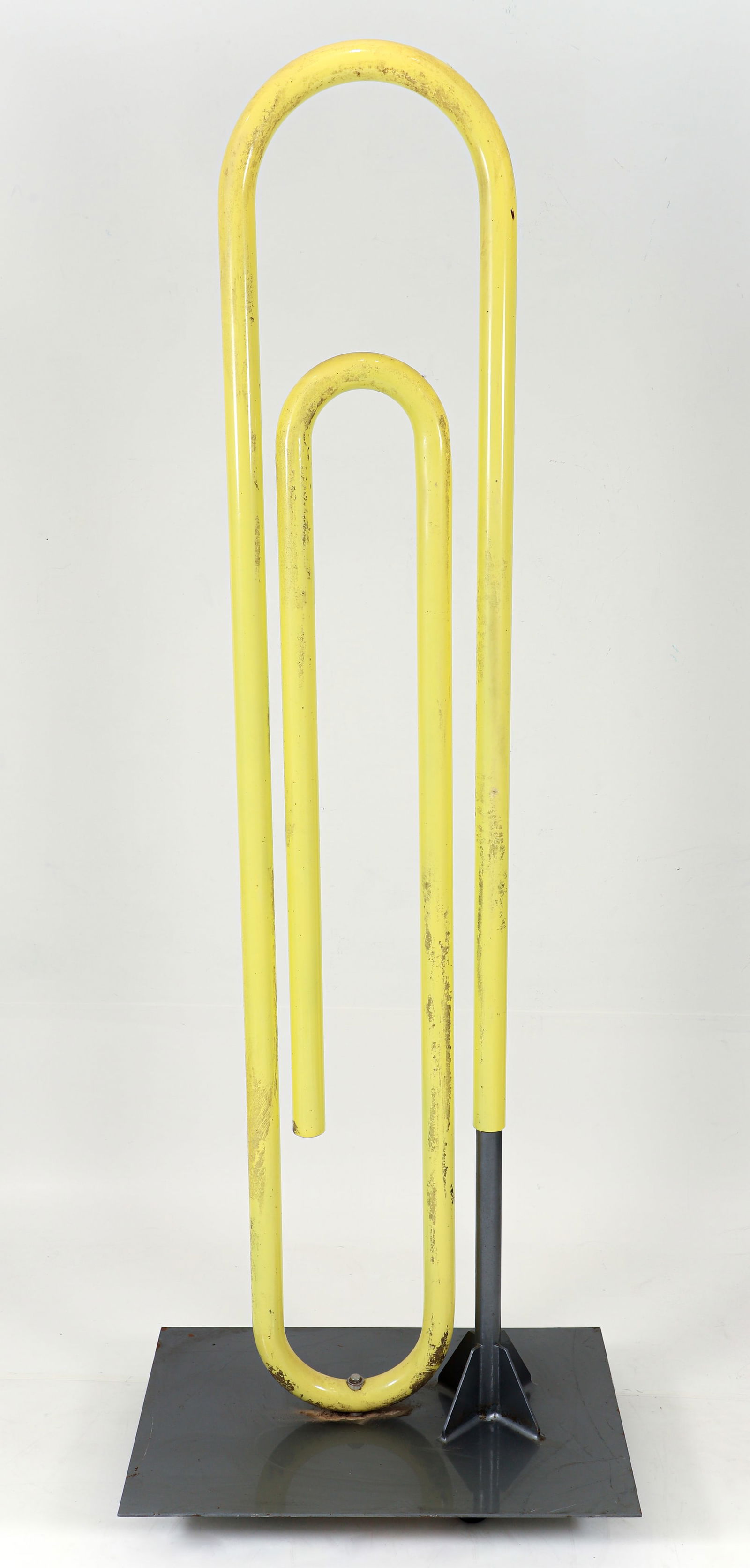 D R Graham Monumental Steel Sculpture Clip 2004: Graham, D R (American, 20th century), Clip, 2004, steel paperclip-form sculpture. Plaque affixed to bottom incised with artist name, title, and year. 95 x 18.5 x 2.5 inches, base is 36 x 24 inches. Pr