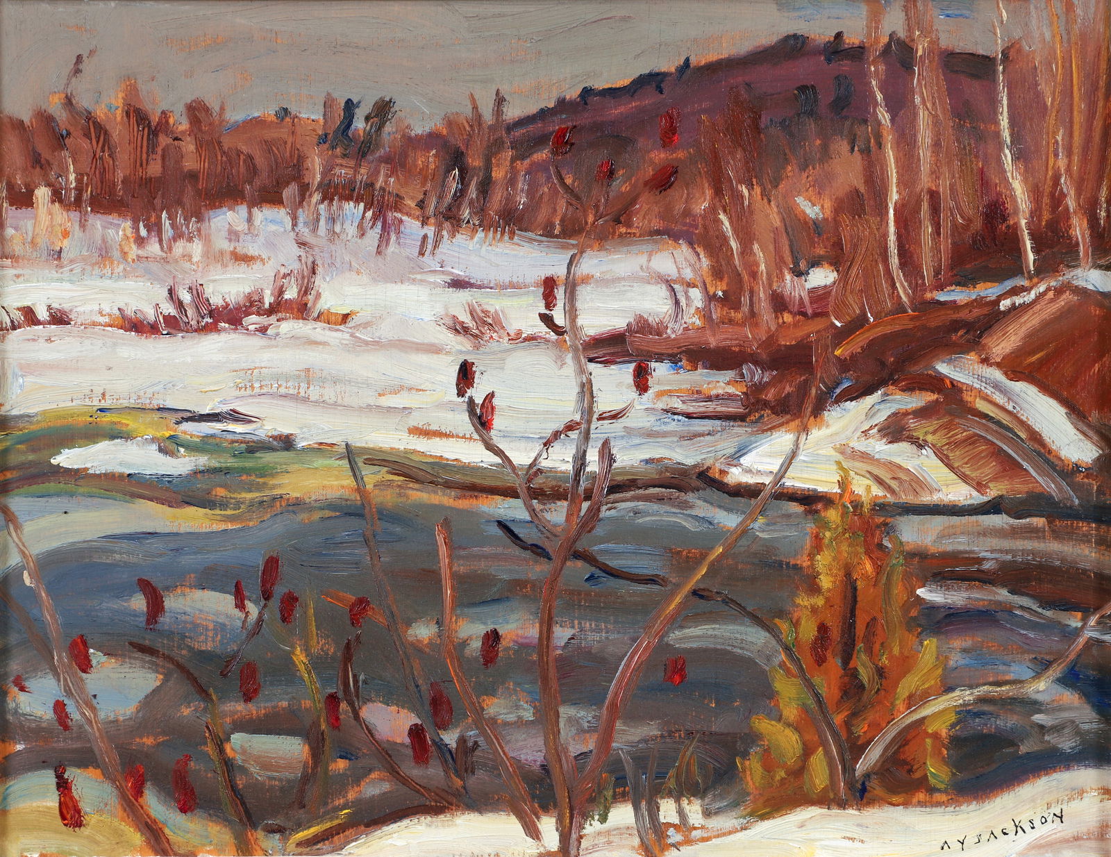 A. Y. Jackson Madawaska River 1961 Oil on Wood Panel: Jackson, A. Y. (Alexander Young) (Canadian, 1882-1974), Madawaska River, 1961, oil on wood panel, signed lower right and titled, dated and signed on the verso, 10.5 x 13.5 inches, framed 18.5 x 21.5 i