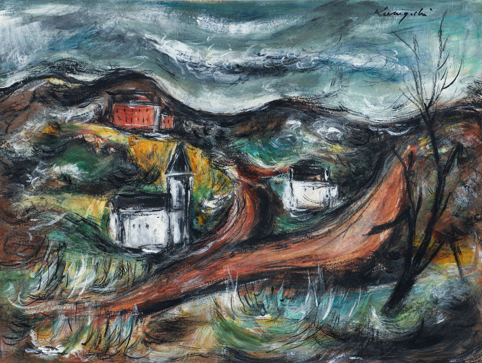 Yasuo Kuniyoshi Modernist Landscape Tempera on Board: Kuniyoshi, Yasuo (Japanese/American, 1893-1953), Landscape, with Buildings and Hillside, c.1930s, tempera on thin board, signed upper right, 10 x 13.5 inches, matted and framed 16 x 19.5 inches.