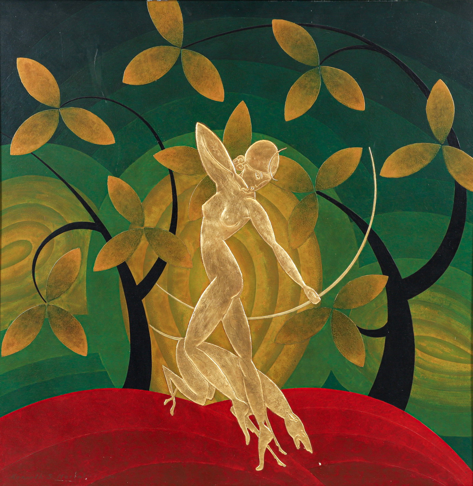 Kenneth Stevens MacIntire Mixed Media Diana the Huntress 1930: MacIntire, Kenneth Stevens (American, 1891-1979), Art Deco Diana the Huntress, 1930, mixed media with oil and gold leaf on wood panel, signed and dated lower left, and signed again and annotated with