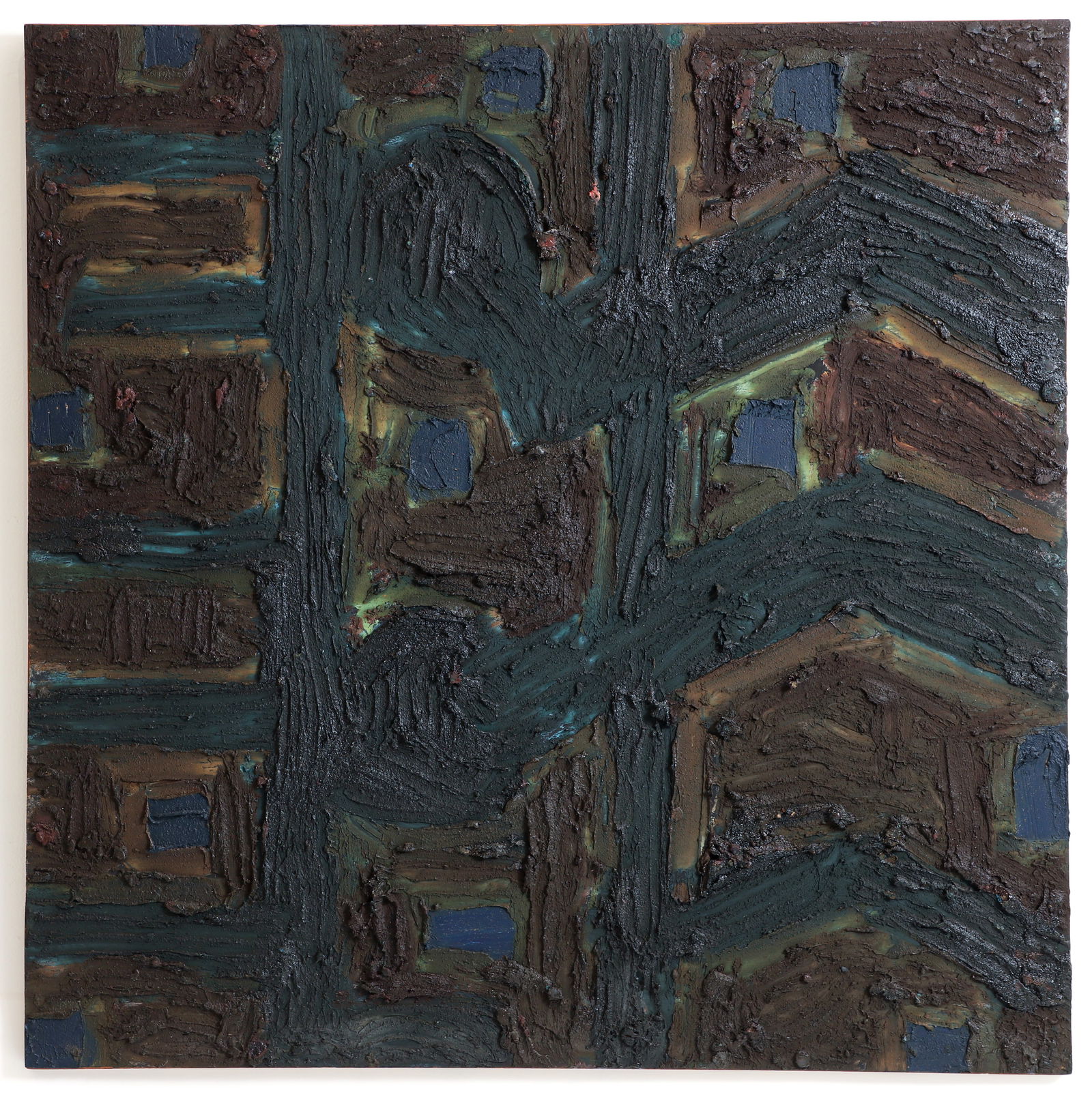 Jay Milder Paint and Encaustic on Wood Cityscape II 1988: Milder, Jay (American, b. 1934) Cityscape II, 1988, mixed media on board, signed and dated on the verso along with copyright, title, and studio inventory number. 48 x 48 inches. Provenance:
