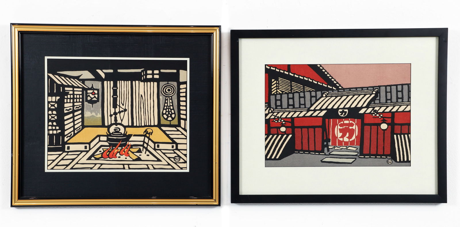 Taizo Minagawa Pair of Japanese Woodblocks from Kyoto Series: Minagawa, Taizo (Japanese, 1917-2005), Pair of Prints from the 12 Views of Kyoto Series: House of Potter and Ichiriki Tea House, 1964, color woodblocks on handmade paper, artist's seal lower right, im