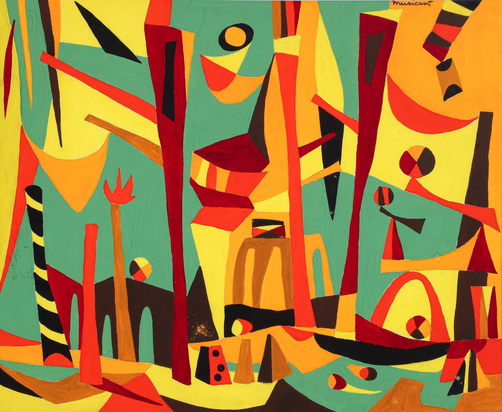 Tobias Musicant Mid Century Modernist Work on Paper: Musicant, Tobias (American/Plainsboro, NJ, 1921-2004), Untitled Modernist Abstract, c.1950s, gouache on paper, signed upper right corner, 14 x 16.75 inches, matted and framed 19 x 22 inches.