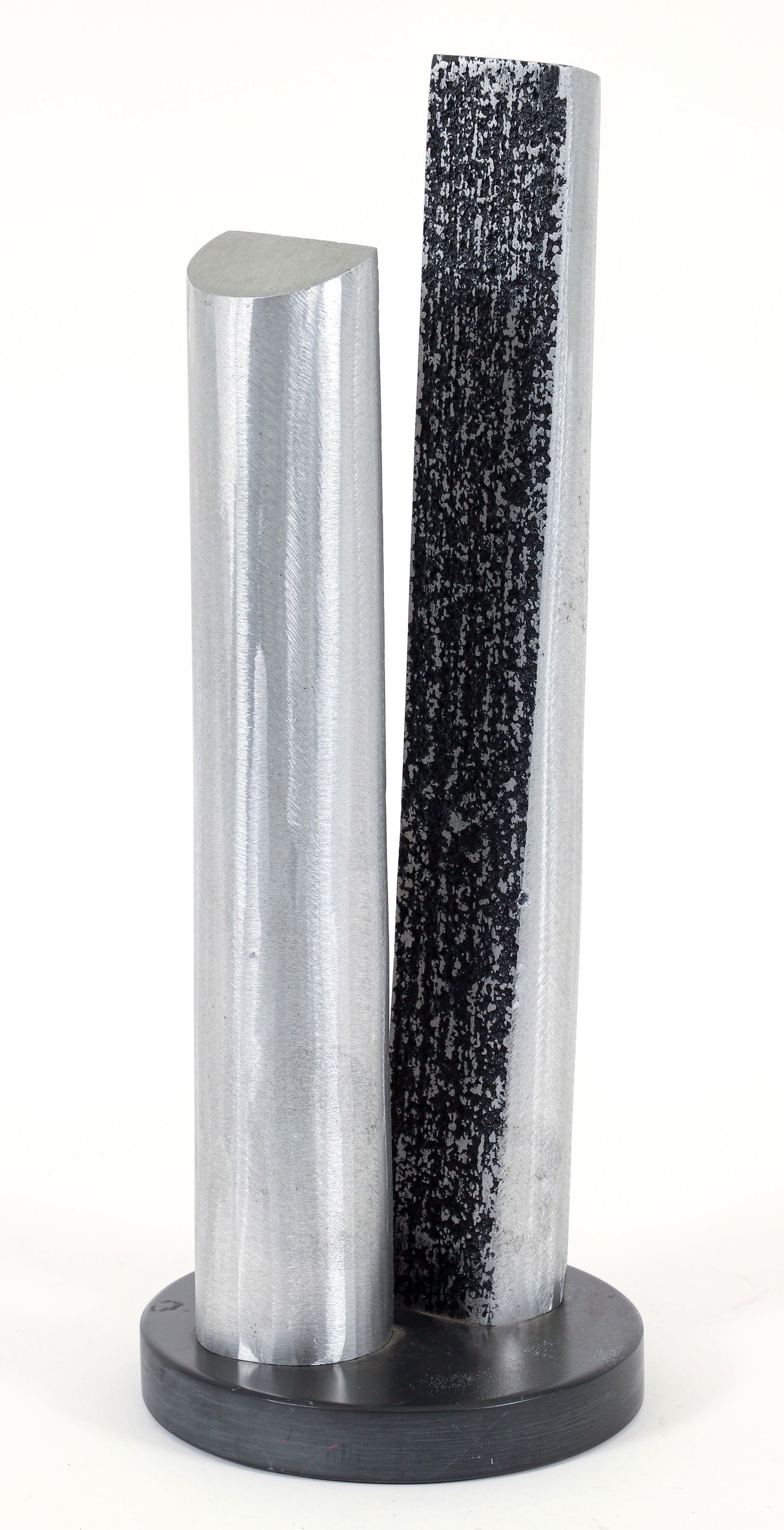 James Myford Abstract Aluminum Sculpture: Myford, James (Jim) (American/Western PA, 1940-2014), Untitled Abstract Aluminum Sculpture, 2002, cast aluminum, attached to black resin base. Stamped Myford 02 along side. 21 x 8.5 inches.