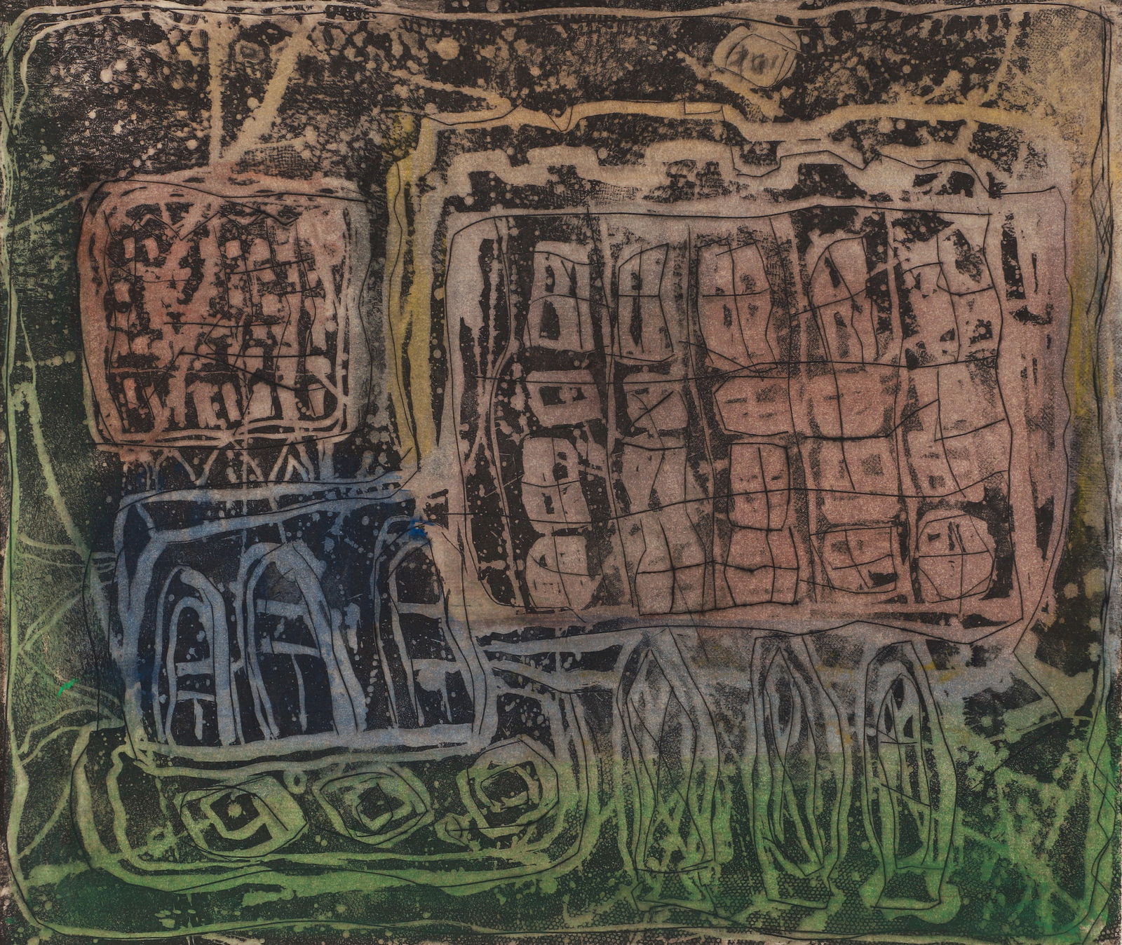 Louise Nevelson very early Color Etching Circus Wagon 1950s: Nevelson, Louise (Ukrainian/American, 1899-1988), The Circus Wagon, c.1955, etching with hand applied watercolor on cream wove paper, signed, titled and numbered 1/20 in pencil to the lower margin,