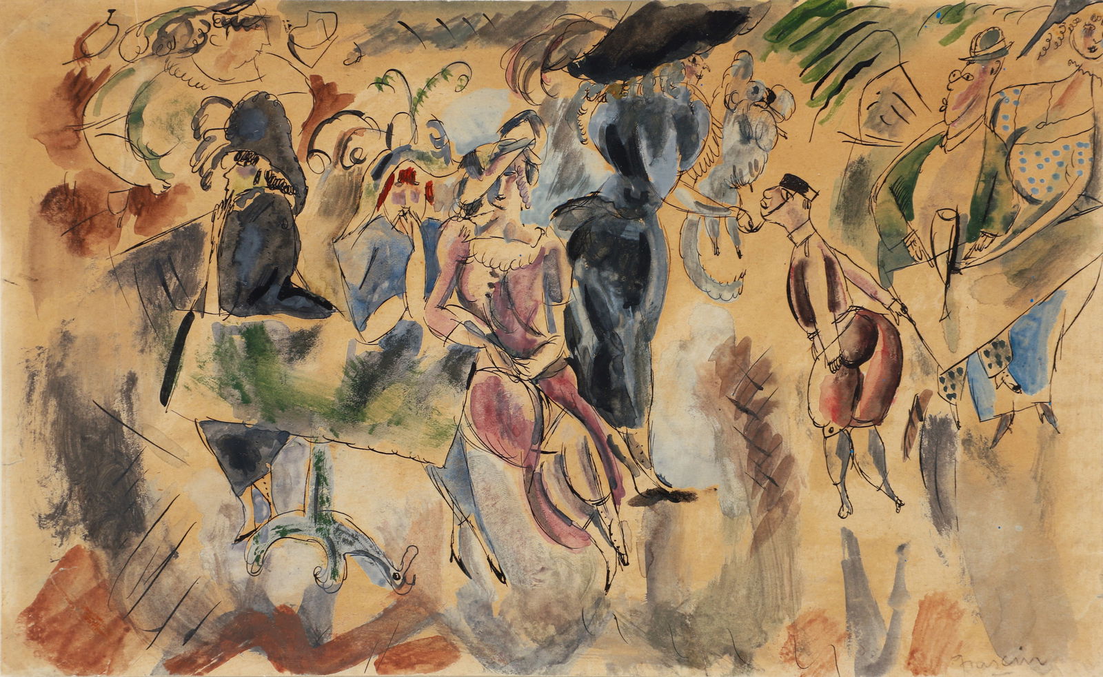 Jules Pascin Club New York Work on Paper c.1917: Pascin, Jules (American, 1885-1930), Club New York / Au Caf?, c.1917, watercolor and ink on paper, signed lower right, 7.5 x 12.25 inches, floated in a frame 11 x 16 inches. Provenance: Sheldon Ross G