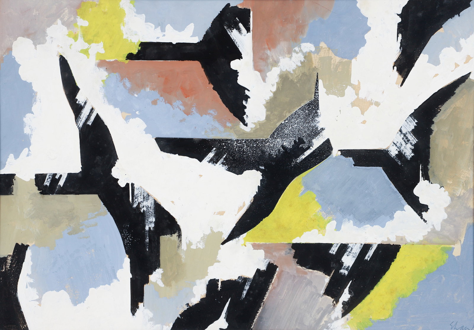 Charles Green Shaw 1954 Work on Paper Forms in Flight: Shaw, Charles Green (American, 1892-1974), Forms in Flight [Armageddon], 1954, gouache on board, signed lower right, additionally signed, dated and titled on the verso, 14 x 20 inches, matted and fram