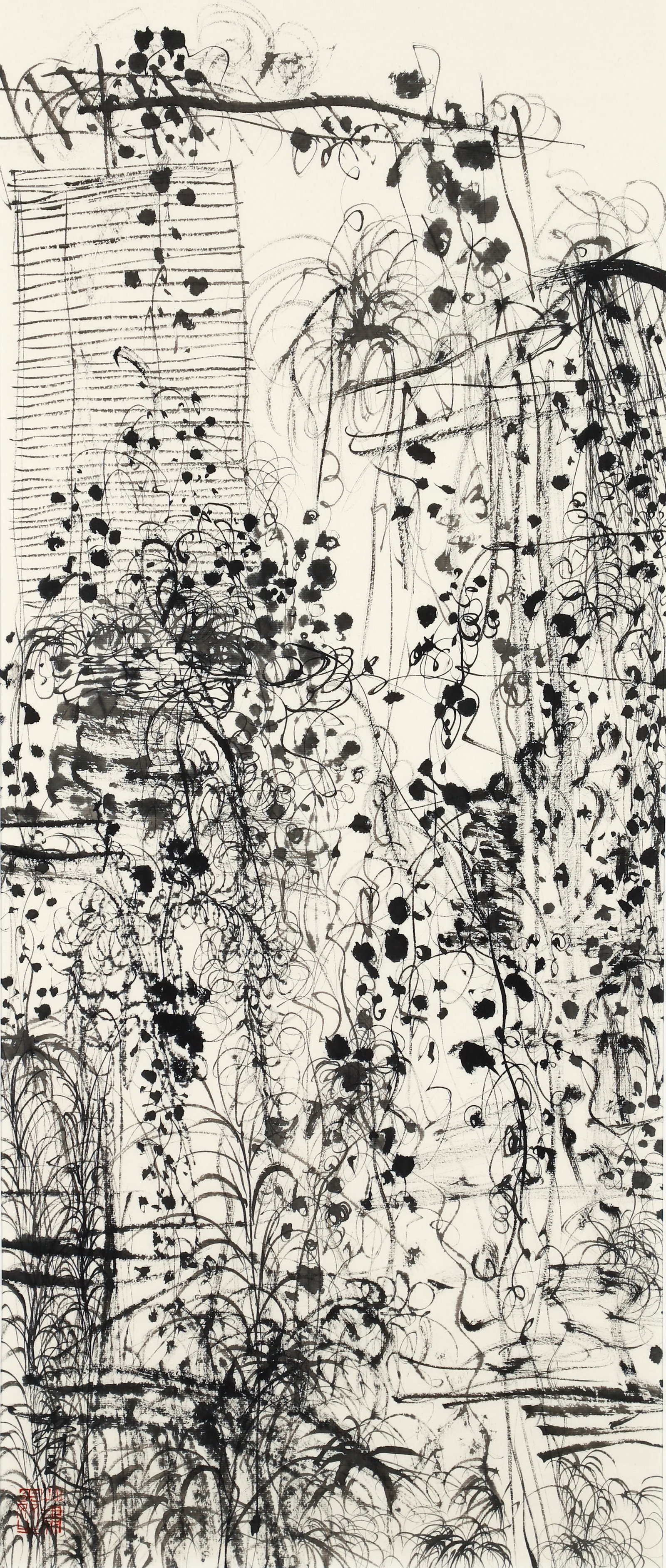 Xiao Shunzhi Ink Wash on Paper Vine Series: Shunzhi, Xiao (Chinese, b. 1956), Vine Series, late 20th century/early 21st century, ink wash on paper, signed in characters with chop mark at lower left. Sight 31. x 13.25 inches, matted, behind UV f