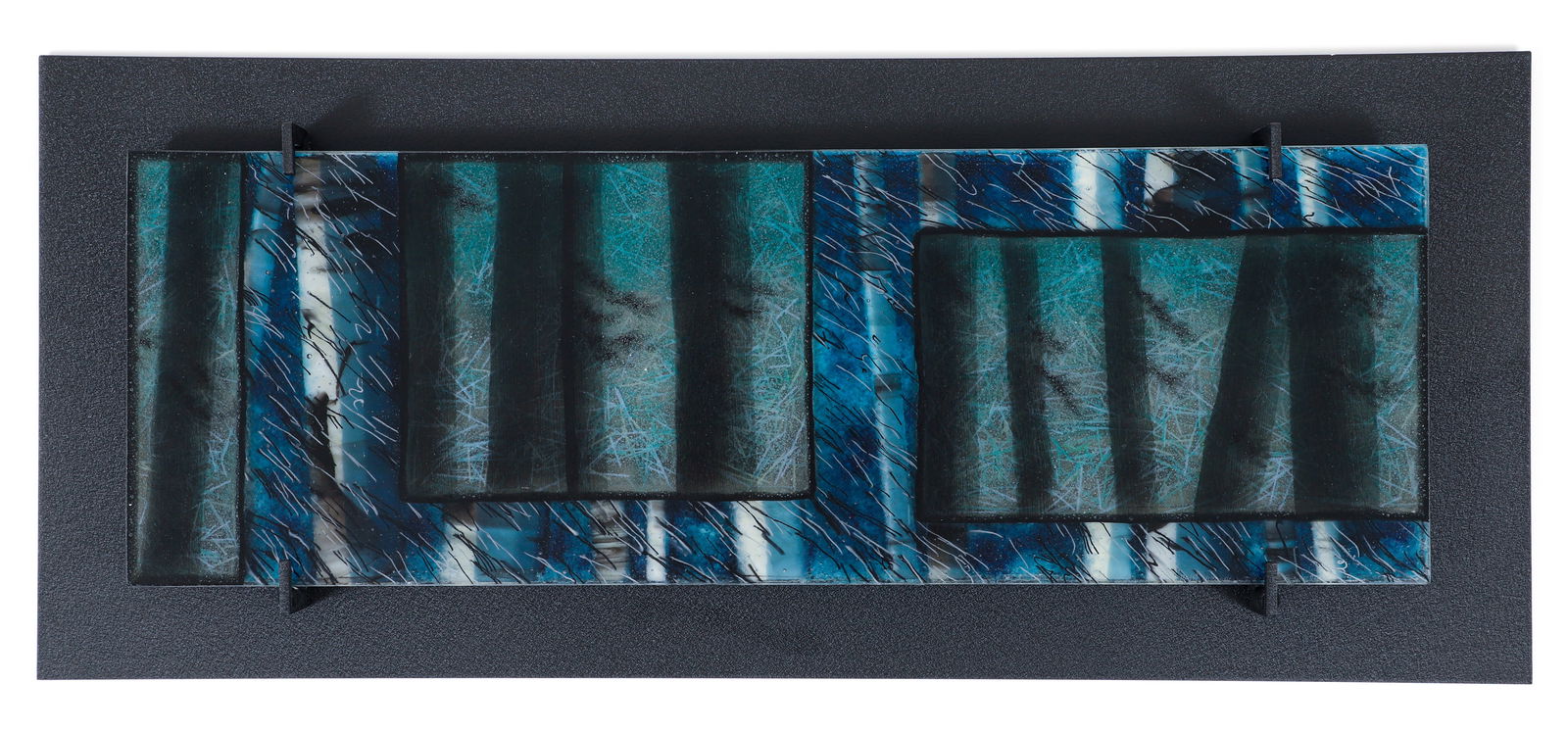 Roger Thomas Fused Glass Panel Rain Nor Snow 1999: Thomas, Roger (American, 1951-2021), Rain Nor Snow, 1999, fused glass panel, signed, titled and dated in the lower right corner, glass panel measures 11 x 32.5 inches, mount is 16 x 38 inches. Include