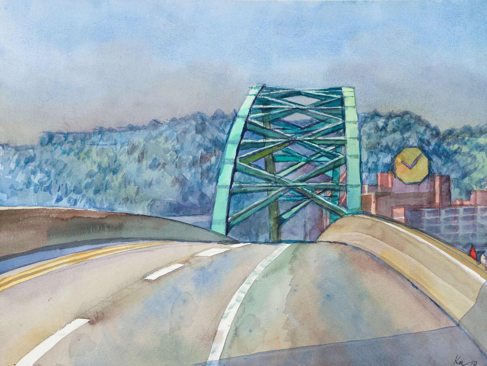 Henry Koerner Birmingham Bridge Pittsburgh 1986 Watercolor: Koerner, Henry (Austrian/American/Pittsburgh, 1915-1991), Birmingham Bridge, Pittsburgh, 1986, watercolor on paper, signed and dated lower right, 18 x 23.75 inches, in a blonde wood frame 25 x 31