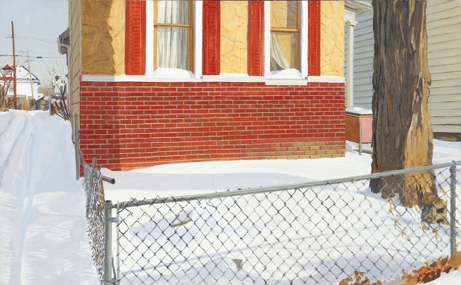 Felix de la Concha oil painting House Corner with Snow: Concha, Felix de la (Spanish, born 1962), House Corner with Snow, circa 1985, oil on canvas over board, 18 x 29 inches, Provenance: acquired from the artist