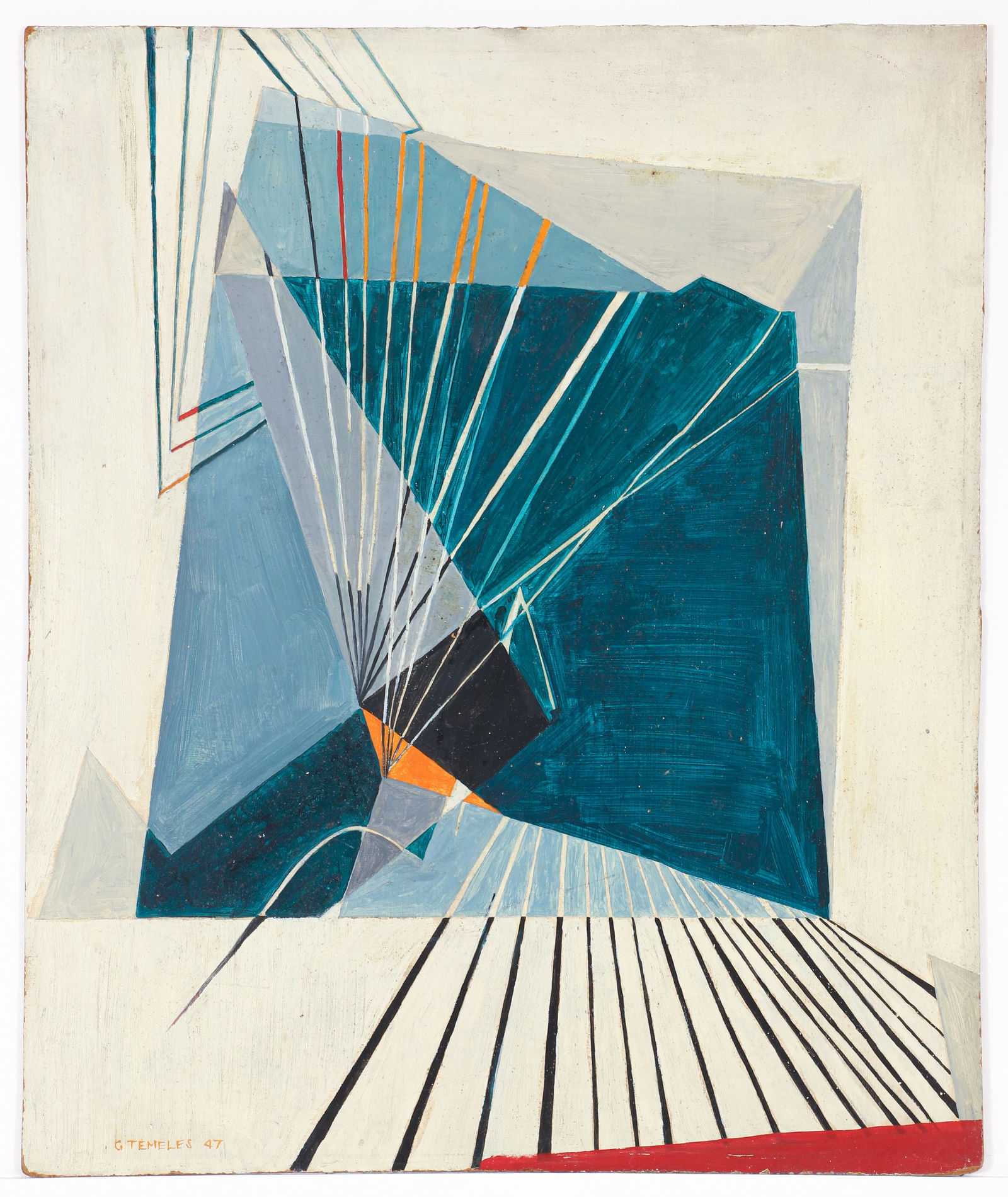 Gertude Temeles Mid Century Abstraction Oil on Board 1947: Temeles, Gertrude (later known as Gertrude Temeles-Half) (American/Pittsburgh, 1920-2013), Mid Century Abstraction, 1947, oil on board, signed and dated lower left, also signed on the verso, 23.5 x