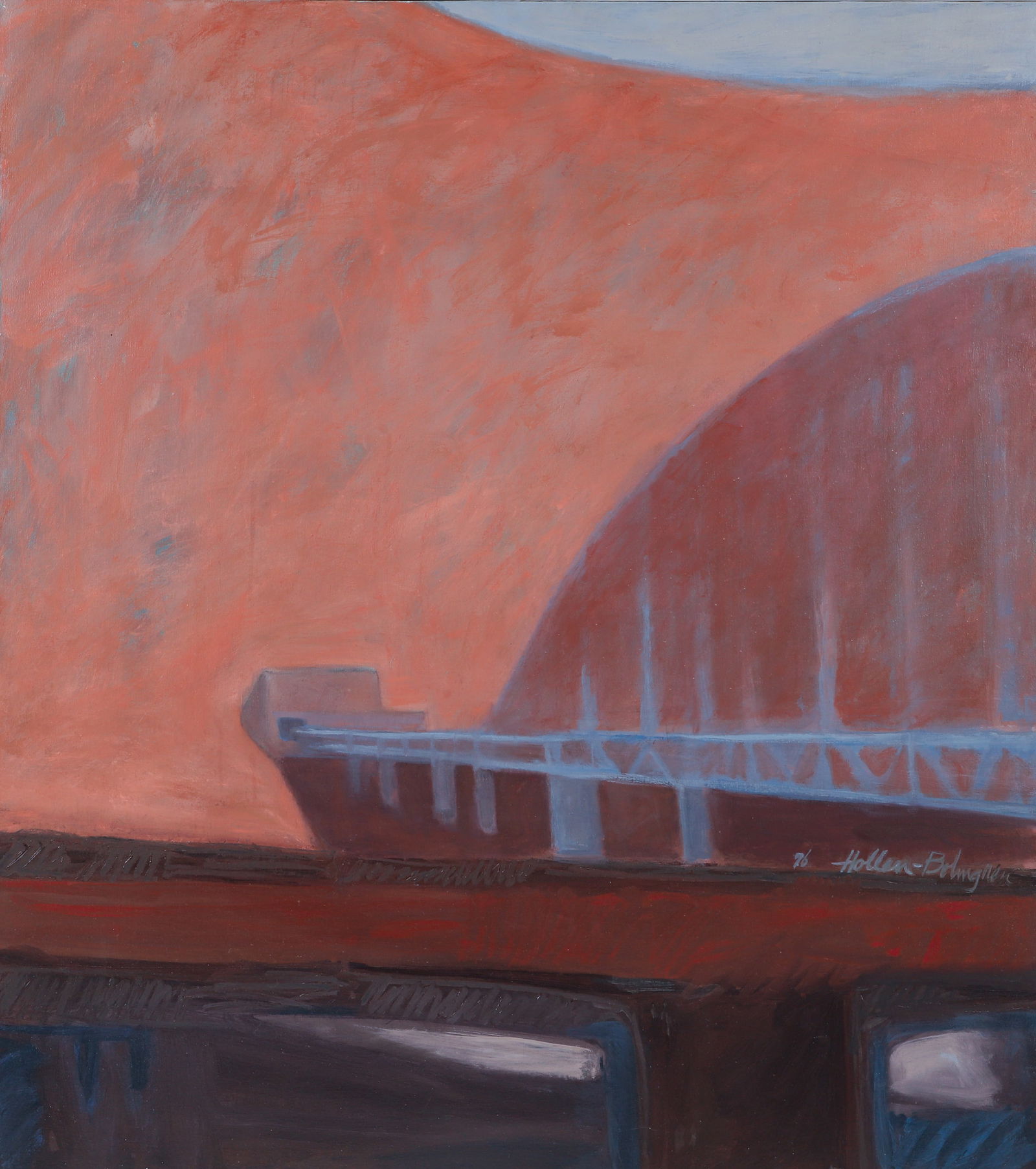 Donna Hollen Bolmgren Fort Pitt Bridge at Twilight 1976: Bolmgren, Donna Hollen (American/Pittsburgh, 1935-2013), Fort Pitt Bridge at Twilight, 1976, oil on canvas, signed and dated middle right, 46 x 41 inches, in a painted wood strip frame. Provenance: