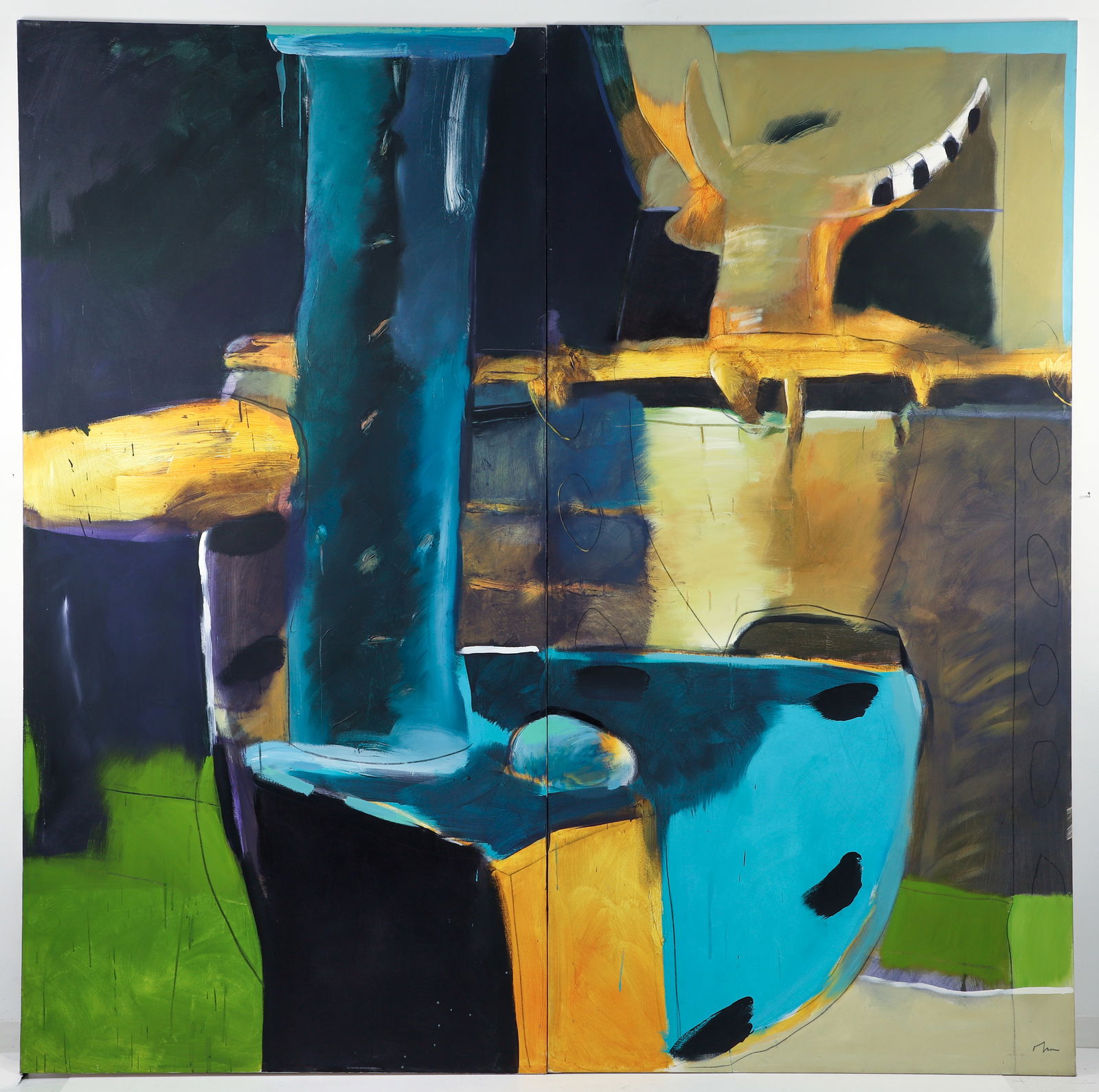 Chuck Olson Large Steel Scene Diptych Acrylic on Canvas: Olson, Chuck (American/Western PA, contemporary), Steel Scene Diptych, c.1990, signed lower right, overall size 108 x 108 inches (9 x 9 feet). This was a privately commissioned piece and is certainly